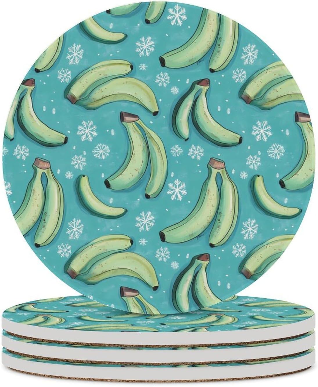 Bananas with Snowflakes Round Ceramic Coasters for Drinks Absorbent Cup Holder Tabletop Protector with Cork Base