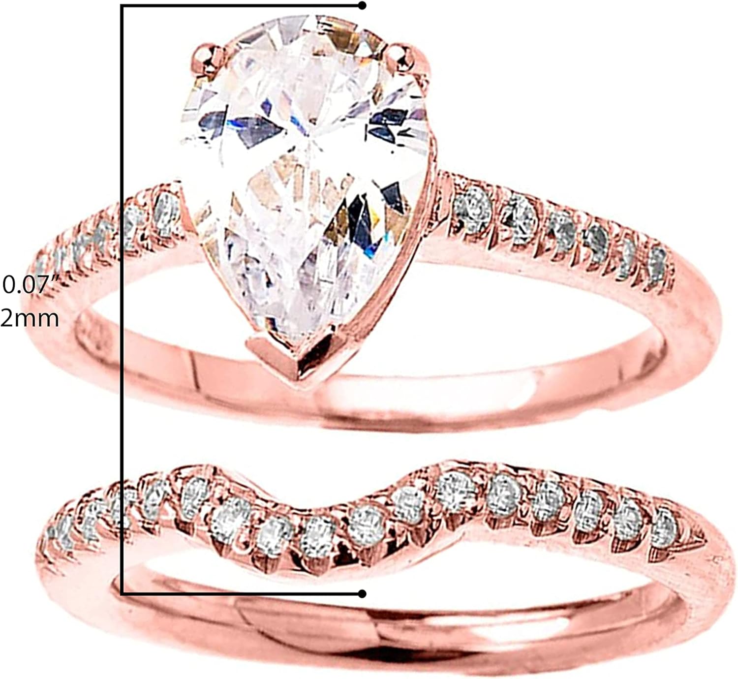 10K Rose Gold Pear Shaped Cubic Zirconia Engagement Ring and Matching Contour Wedding Band Bridal Set