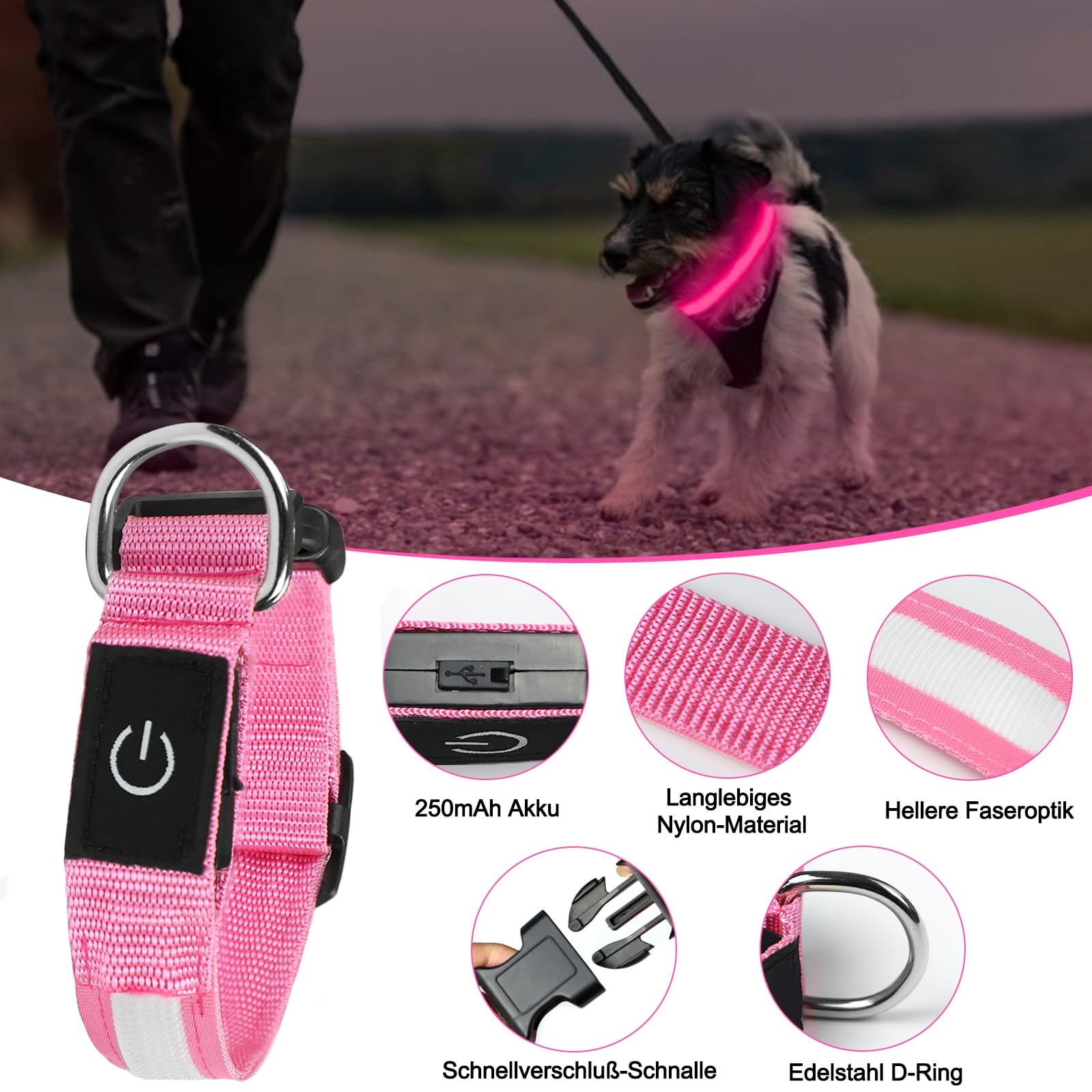 Nepfaivy Collare Luminoso per Cani Ricaricabile - Collare per Cani a Led con Lunghezza Regolabile, 3 Modalità di Illuminazione per la Sicurezza Notturna, Rosa