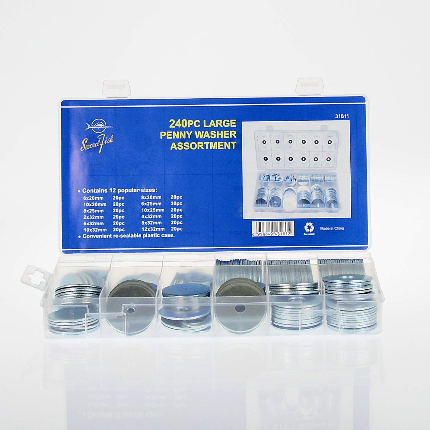 Swordfish 31811-240pc Large Penny/Fender Washer Assortment, Silver, 6mm, 8mm, 10mm, 12mm, 20mm, 25mm, 32mm - Image 2