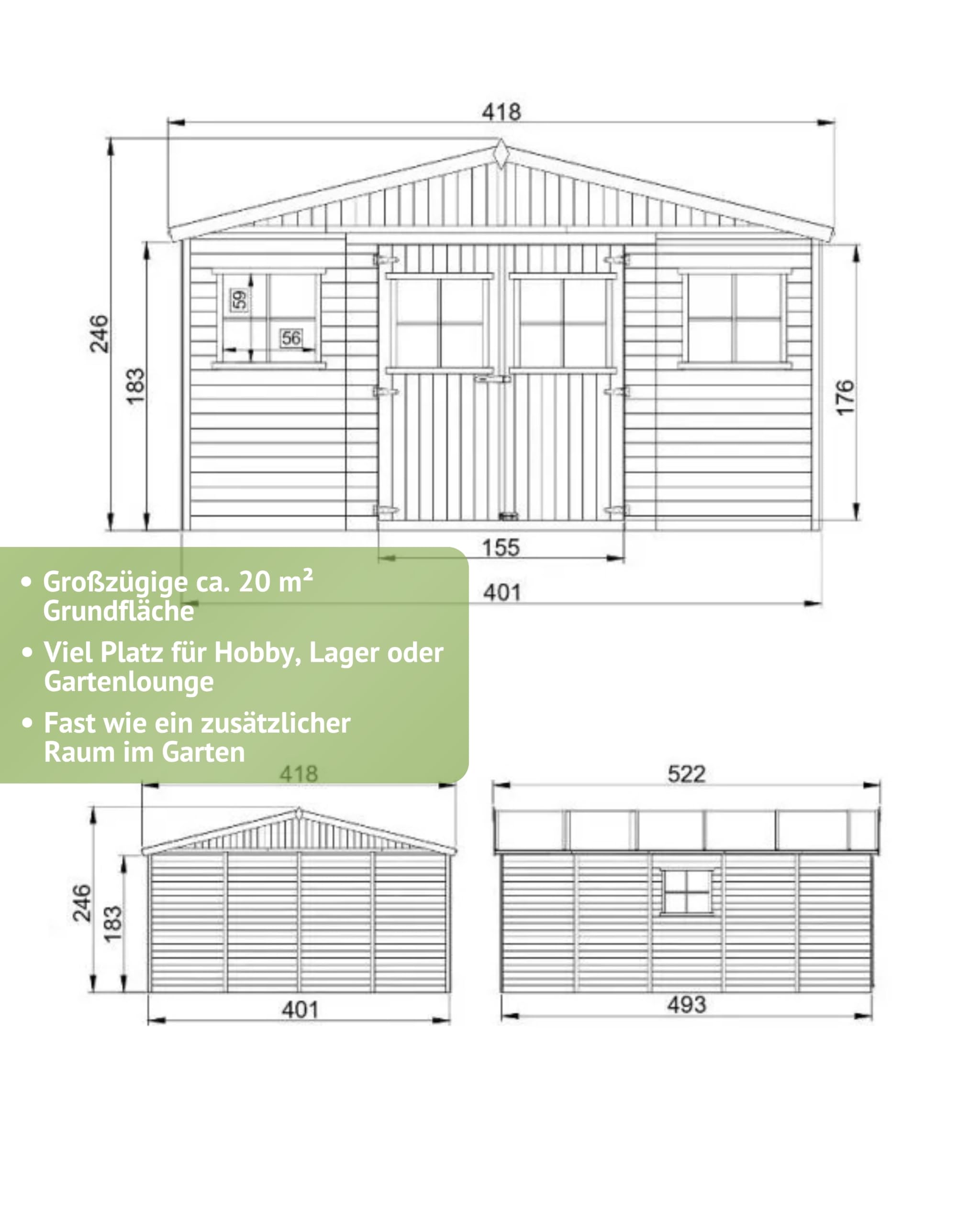Steiner Shopping Gartenhaus Aachen 500x400 cm aus Holz I Vorgefertigtes Elementhaus mit Satteldach & Dachpappe I Großer Geräteschuppen für Gartengeräte & Fahrräder I Robuste Gartenhütte