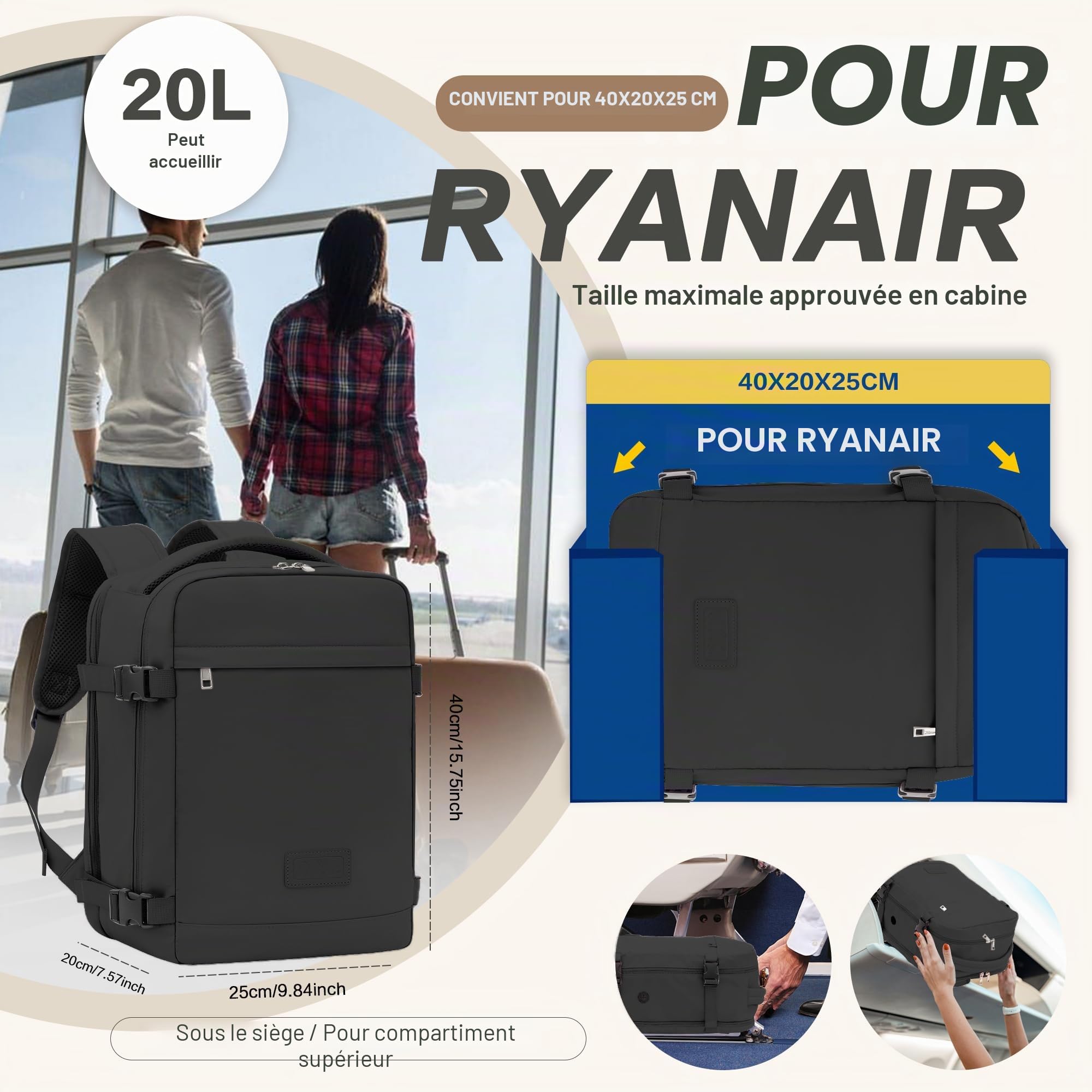 Baggage Cabine 40x30x20 pour Ryanair Sac à Dos Voyage Cabine Avion Bagage à Main Antivol Avion pour Easyjet Wizz Air Vueling Travel Backpack Femme Homme