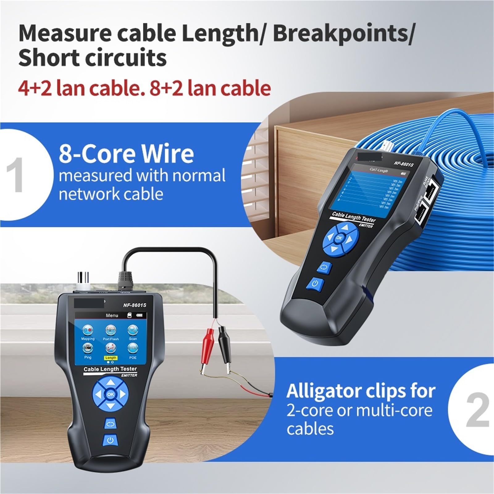 Tester for cavi di rete con PoE/PING Cable Tracker POE Misura lunghezza Wiremap Strumenti Prove di trasmissione