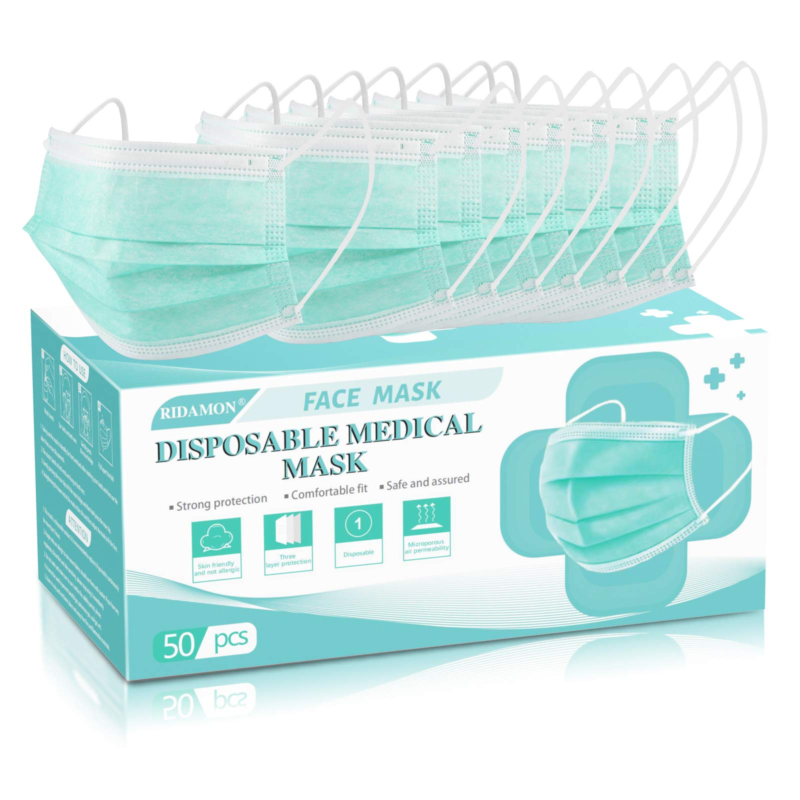 Medical 50 Pcs Disposable Face Mask 3 Layer Protective Masks Green