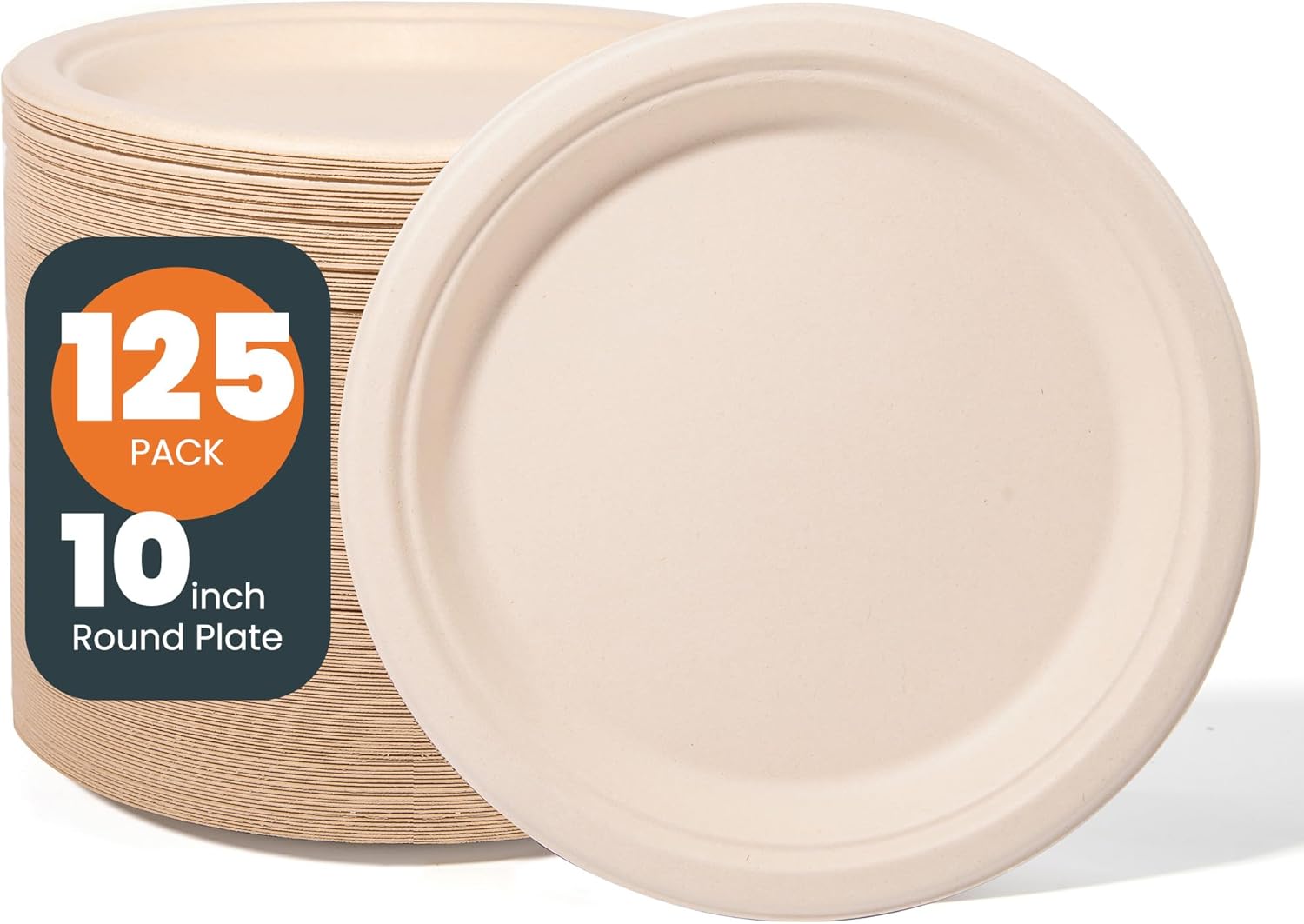 100% Compostable Plates – 125-Count Heavy Duty, Biodegradable Bagasse Plates – Eco Friendly and Sustainable (Natural, 10 inch)