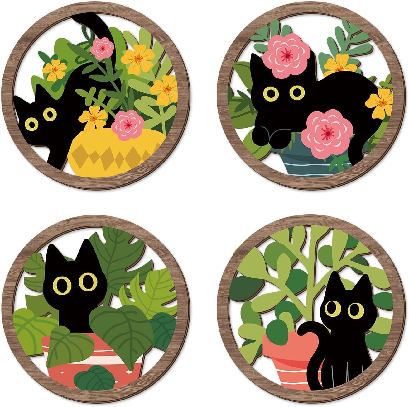 TOARTi 4PCS Boho Black Cat Wall Art Farmhouse Floral Cat Hanging Wood Sign Botanical Kitten Wall Decor Plant Cats Room Decor Floral Leaves Cat Wooden Sign for Living Room Bedroom Decoration