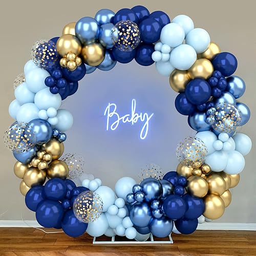 Miniatura 7 de Kit de arco de guirnalda de globos azul marino y dorado de 152 piezas para baby shower, globos metálicos y azul macarrón, globo de confeti dorado
