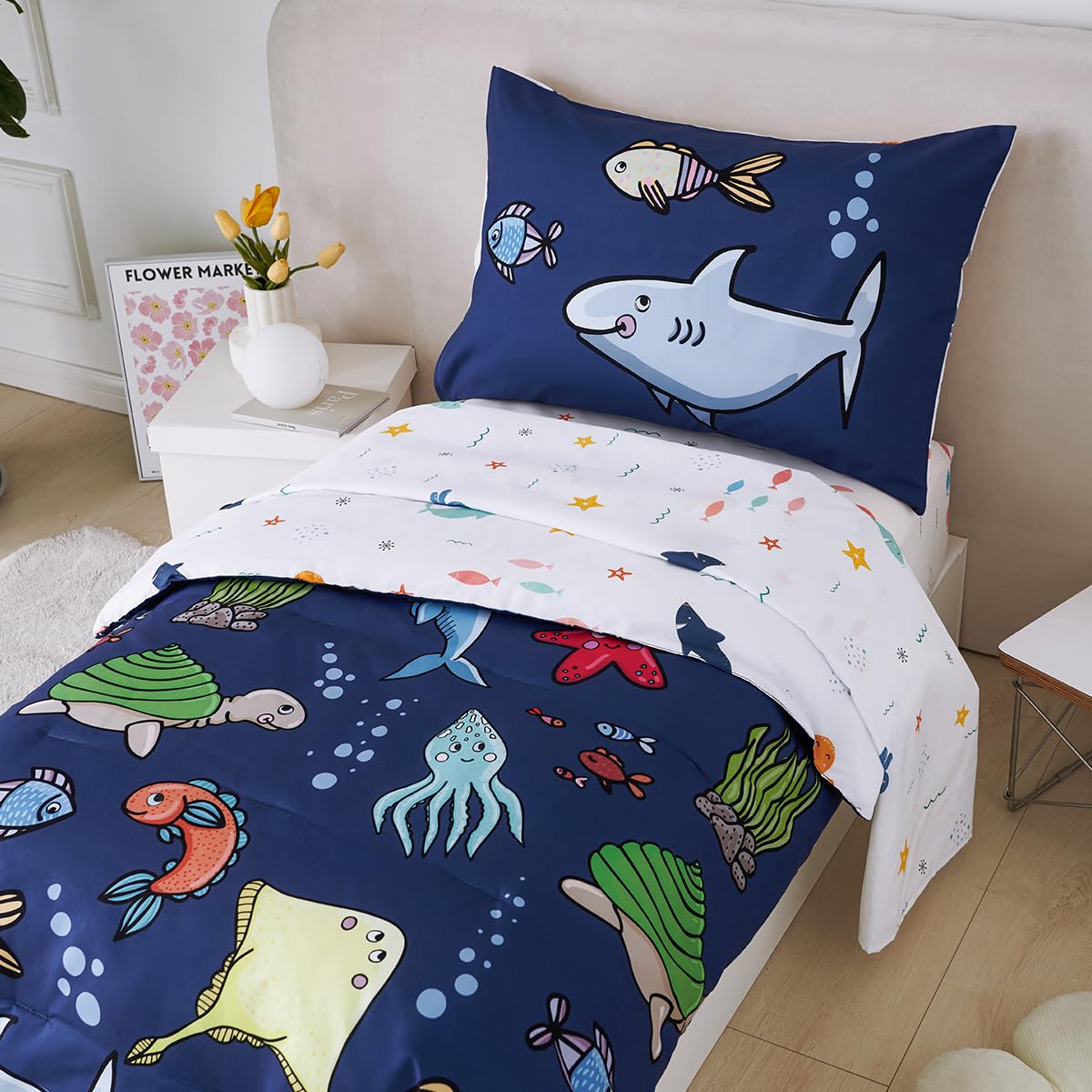 STYHO Duvet Cover Double Ocean Animal Pattern Kids Bedding Set including Pillowcase Set Reversible Underworld Sea Life Navy Blue Quilt Cover for All Season(Navy Blue - Image 3