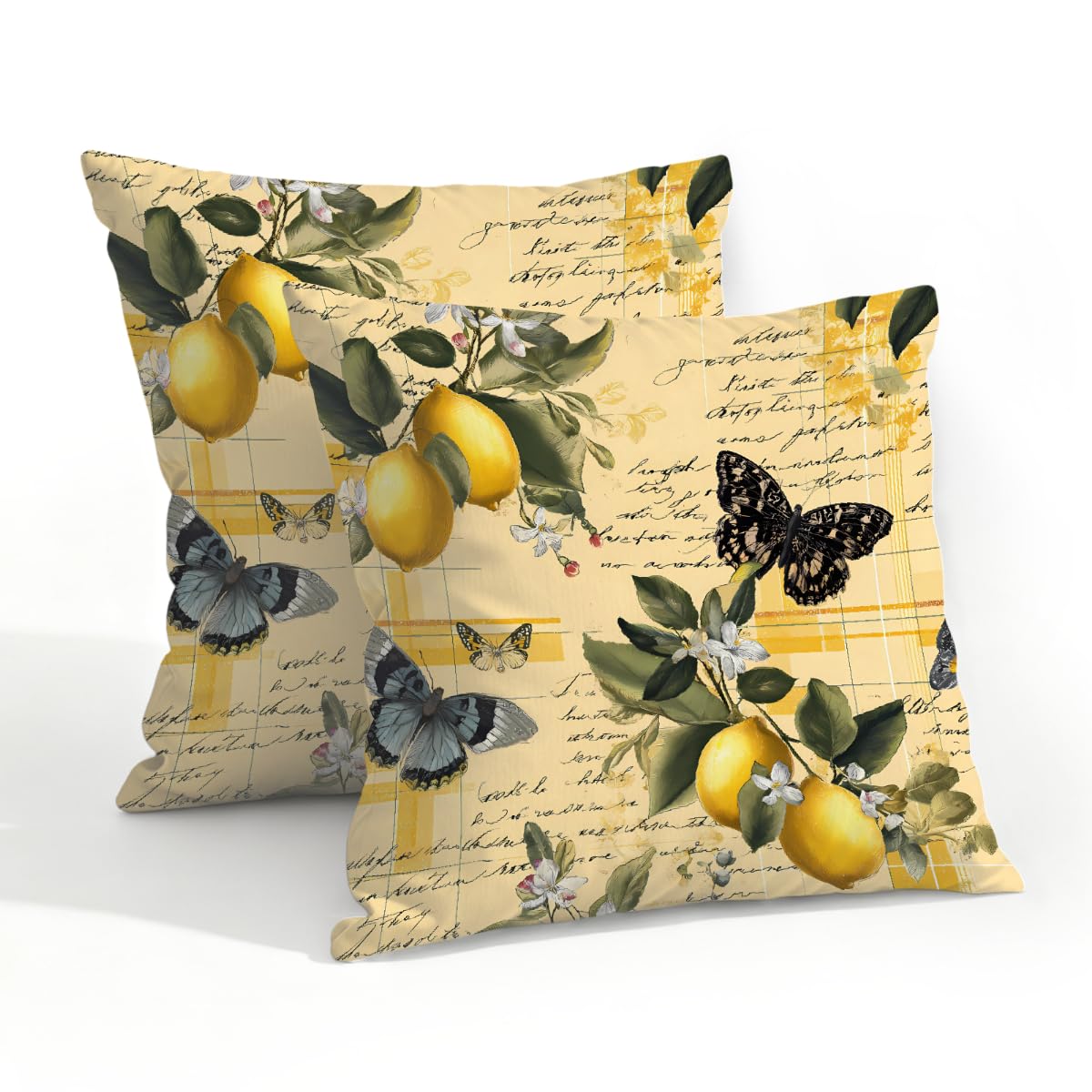 Outdoor Pillow Covers Waterproof Pillowcases 20x20in Set of 2 Butterfly Lemons On Yellow Letter Decorative Throw Cushion Case for Couch Sofa Garden Patio Furniture