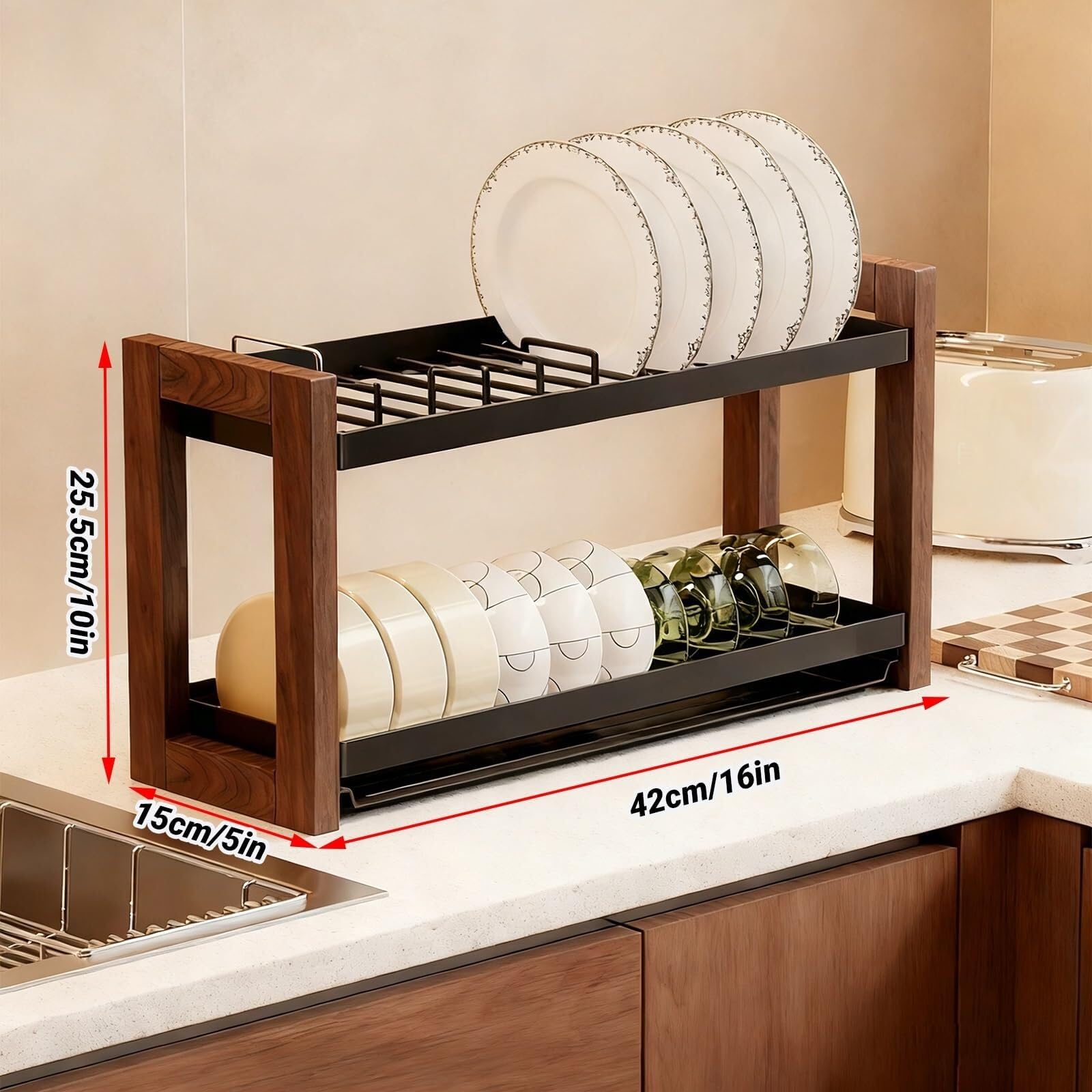 Scolapiatti in legno a 2 livelli, scolapiatti pieghevole scolapiatti | Portautensili con set portaposate for utensili da cucina