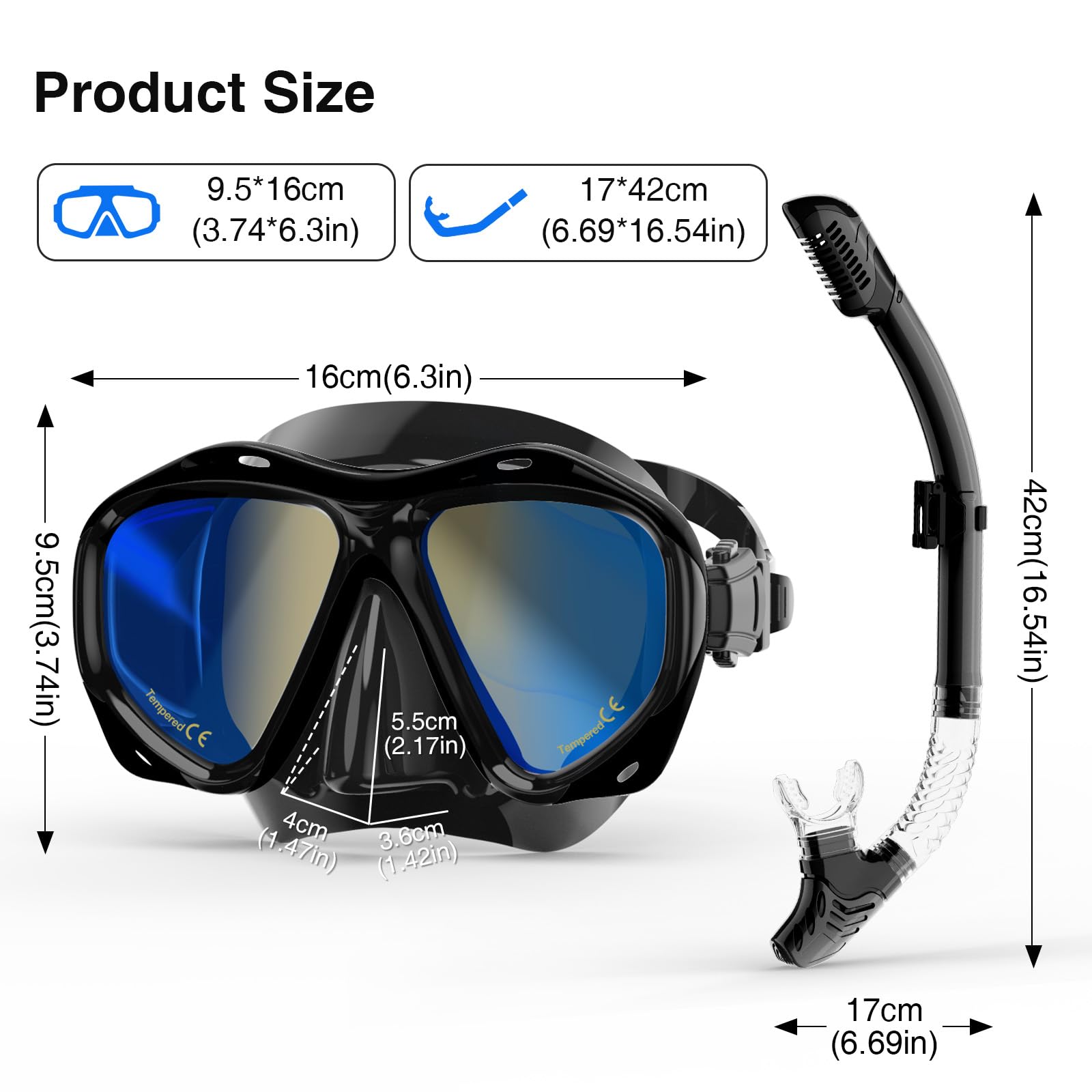 Snorkeling Gear for Adults, Dry Snorkel Mask Set Blue Electroplated 180° Panoramic Wide View Anti-Fog Scuba Diving Mask Goggles, Professional Snorkel Gear for Adults Swimming, Diving