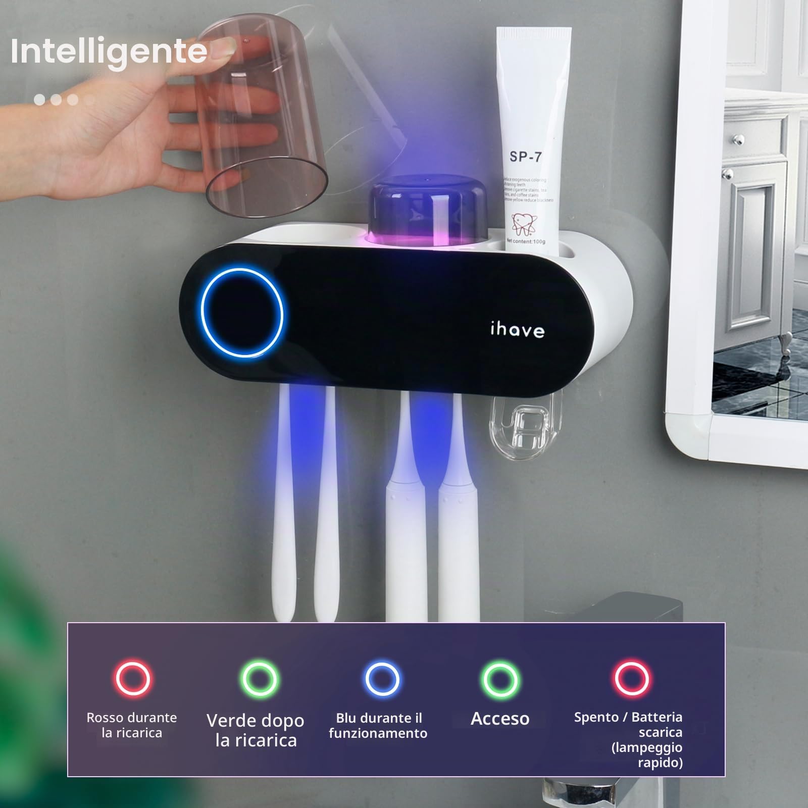 iHave Portaspazzolino per bagni, disinfettante e portaspazzolino UV Accessori per il bagno Smart Home, 2 tazze Portaspazzolino elettrico a parete con dispenser di dentifricio Decorazione per il bagno