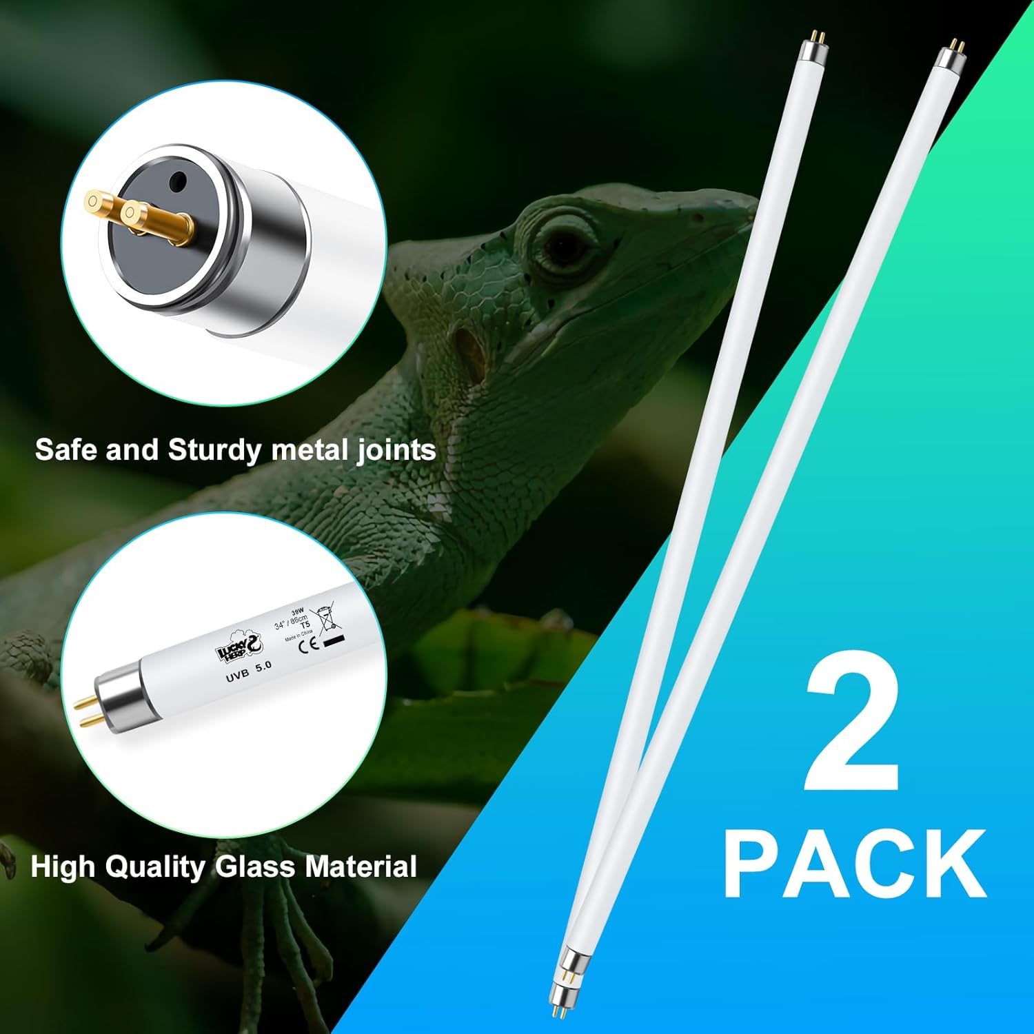 LUCKY HERP 2 Pack T5 UVB 5.0 Reptile Light 39W, UVA UVB Fluorescent Lamp Tube, UVB Lighting Bulb for Turtles, Chameleon, Tortoises, Lizard