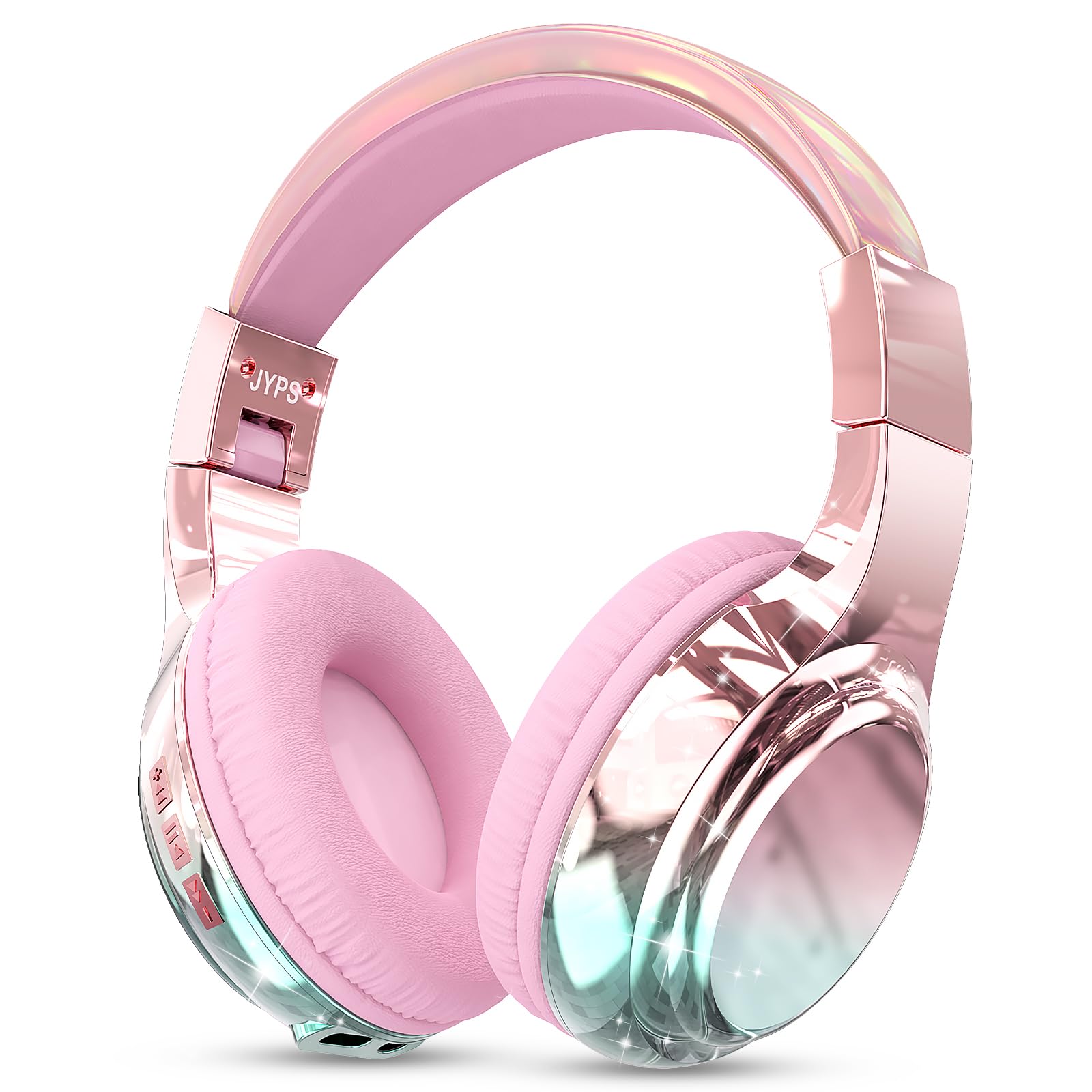 JYPS Auriculares Niños,Metálico Auriculares Inalámbricos Bluetooth Niña con Micrófono,Auriculares Infantiles Bluetooth con Cable,Cascos Inalámbricos Niña para iPad/Tablet/Escuela/Musica (Rosa)