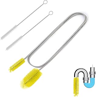POPSKEETER Juego de cepillo de limpieza de tuberías con doble cabezal (2 m) + 2 cepillos de manguera (20 cm) – Cepillo de drenaje flexible para tuberías, desagües, acuarios y hogar (amarillo)