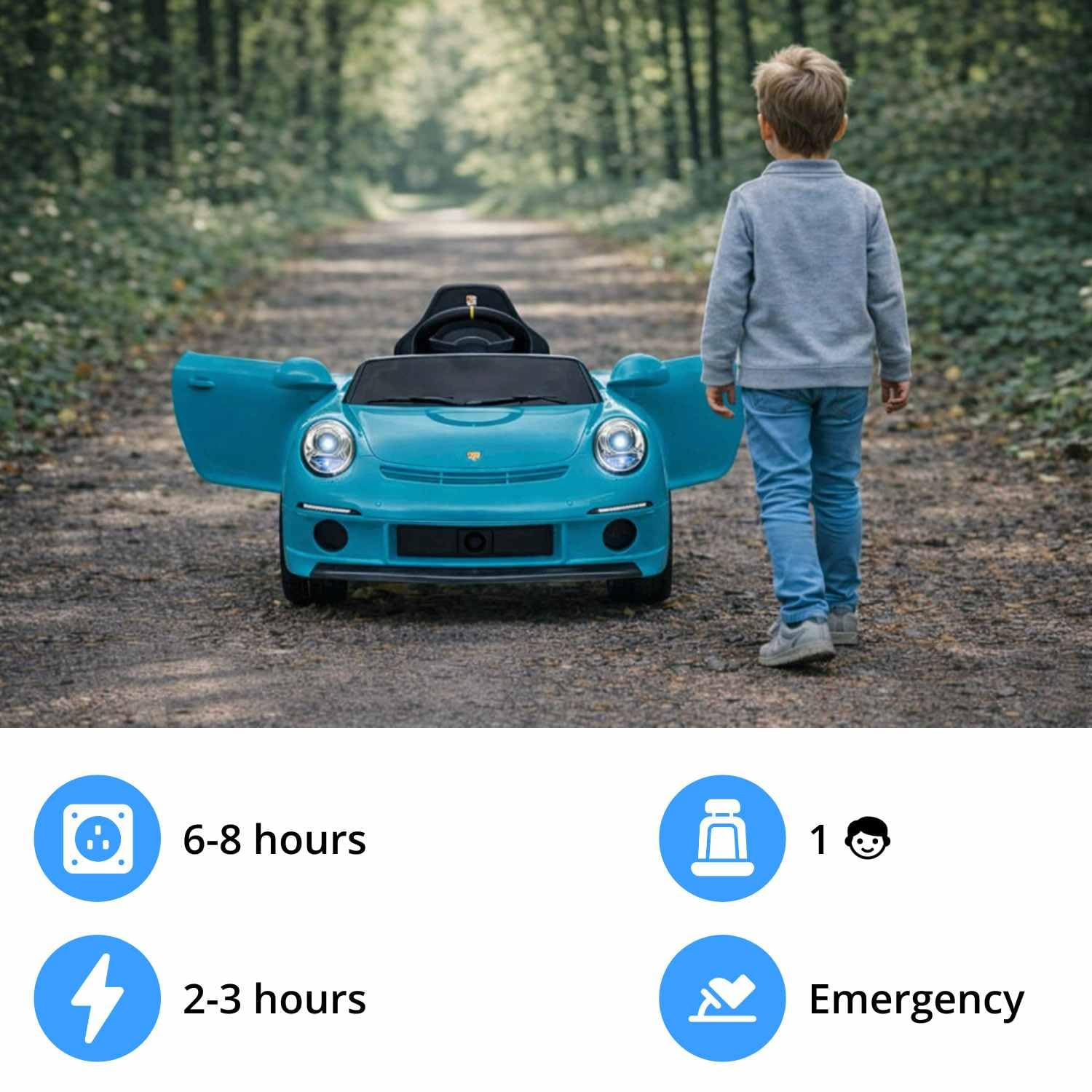 Samochód elektryczny RUF GT 12V, niebieski, otwierane drzwi, pilot 2,4 GHz, przednie i tylne reflektory LED, wejście USB/Aux, akumulator litowy, 2 silniki 35 W, oryginalna licencja