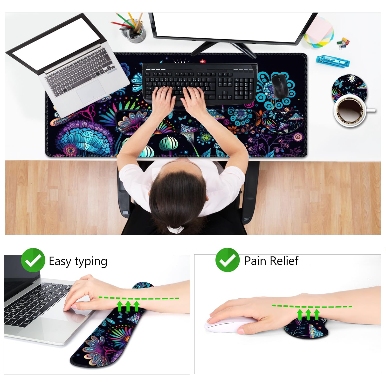 Großes Gaming-Mauspad-Set 35,4 X 15,7 Cm Mit Handgelenkauflage & Untersetzer – Memory-Schaum, Rutschfest, Für PC, Büro, Zuhause