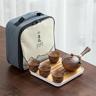 Reyox Juego de tetera portátil con rotación de 360 grados, juego de té de porcelana para viajes, hogar, regalo, al aire libre y oficina, color marrón, 2 juegos de 7