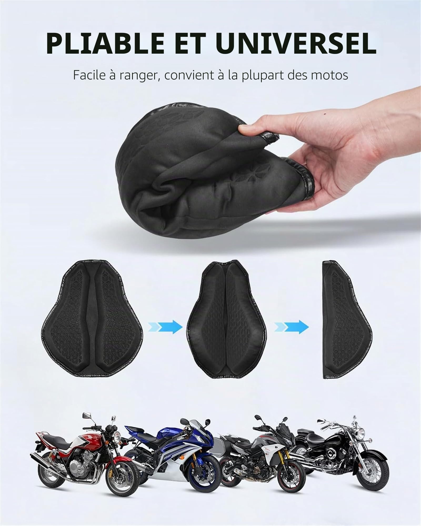 Benlari Coussin de siège de moto, coussin de siège universel en gel pour moto, grande structure en nid d'abeille, TPE absorbant les chocs et respirant pour les longs trajets