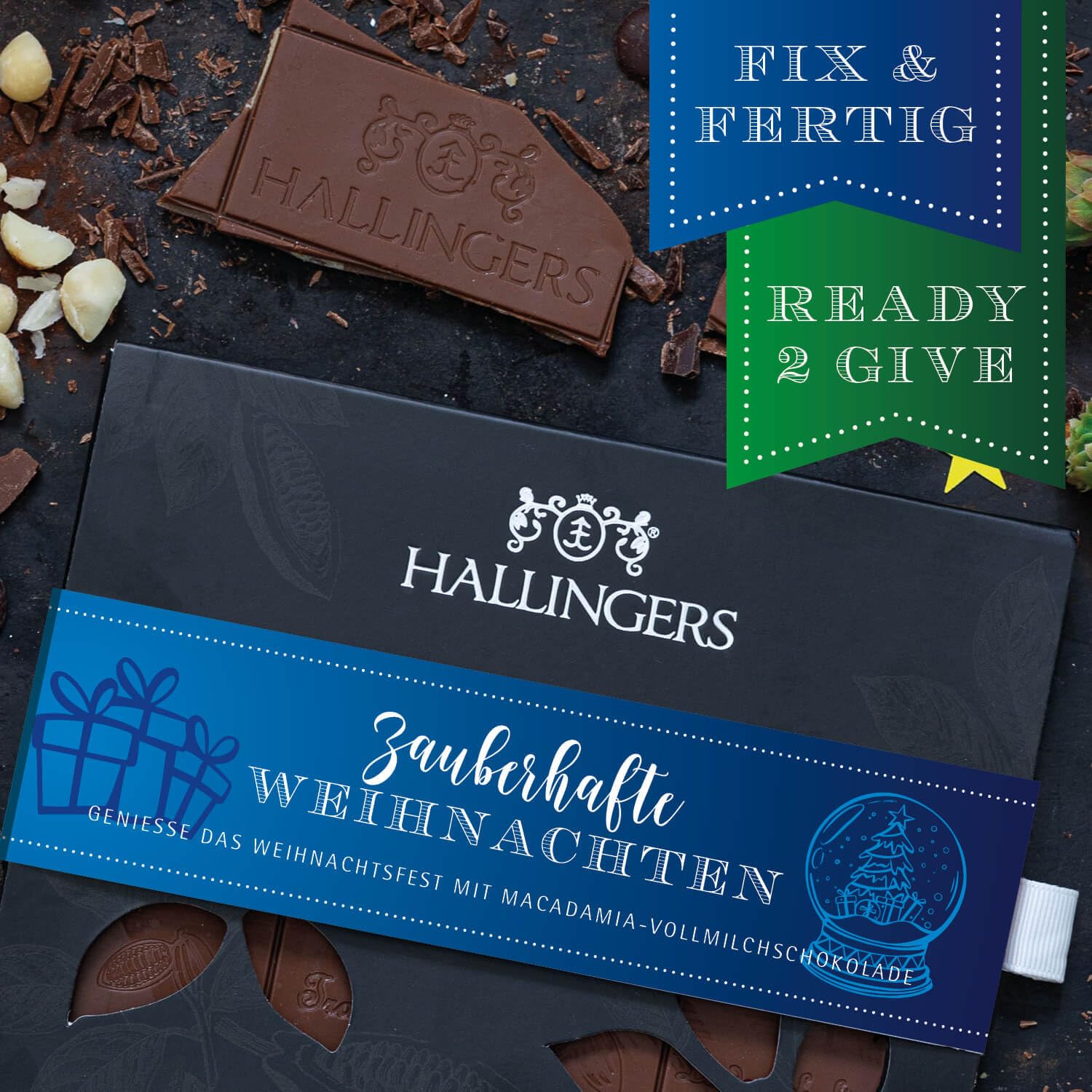 Hallingers Genuss Manufaktur Schokolade Weihnachts-Geschenk - Tafel Edelkakao handgeschöpft ohne Alkohol edler Karton 10x "Zauberhafte Wei..." Macadamia-Nougat, Weihnachten für Frauen Männer