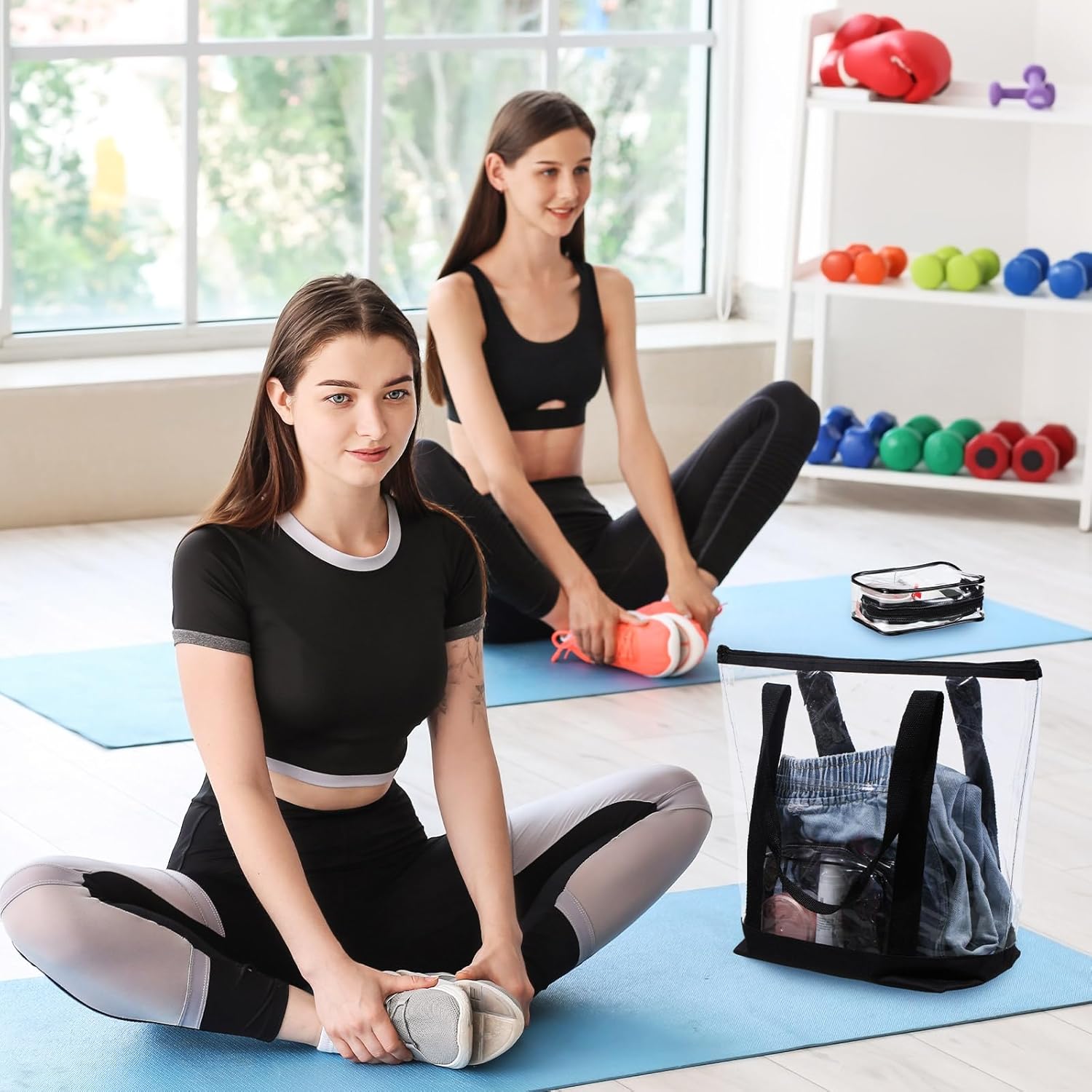 Sweetude 24 Pcs Clear Tote Bags with Makeup Bags, 16x13x5.5 Waterproof Transparent Tote Bags for Team Beach Travel Stadium(Black) - Image 7