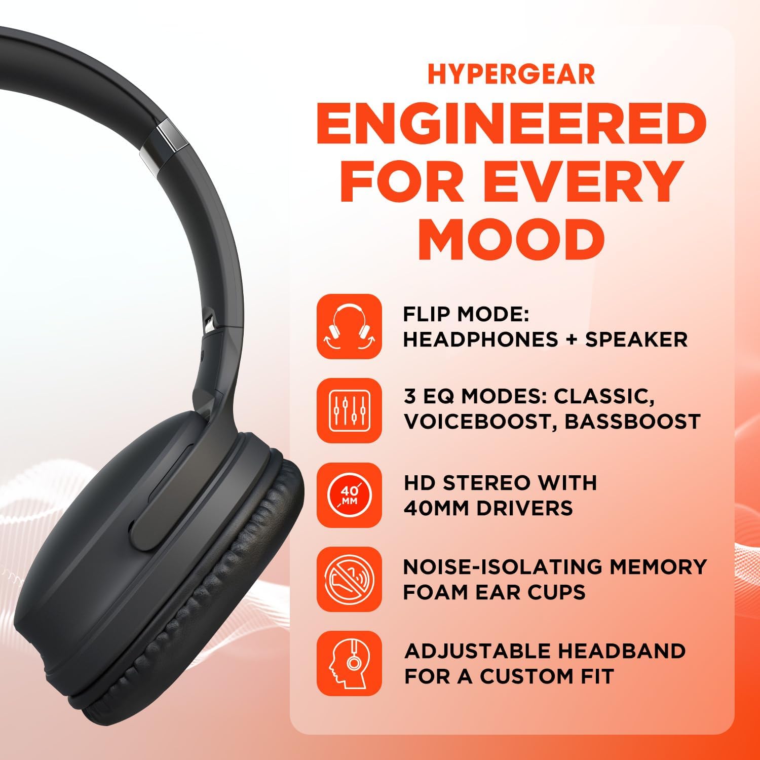 Diagram showing HyperGear headphones features: Flip Mode, 3 EQ Modes, 40mm Drivers, Memory Foam Ear Cups, Adjustable Headband.