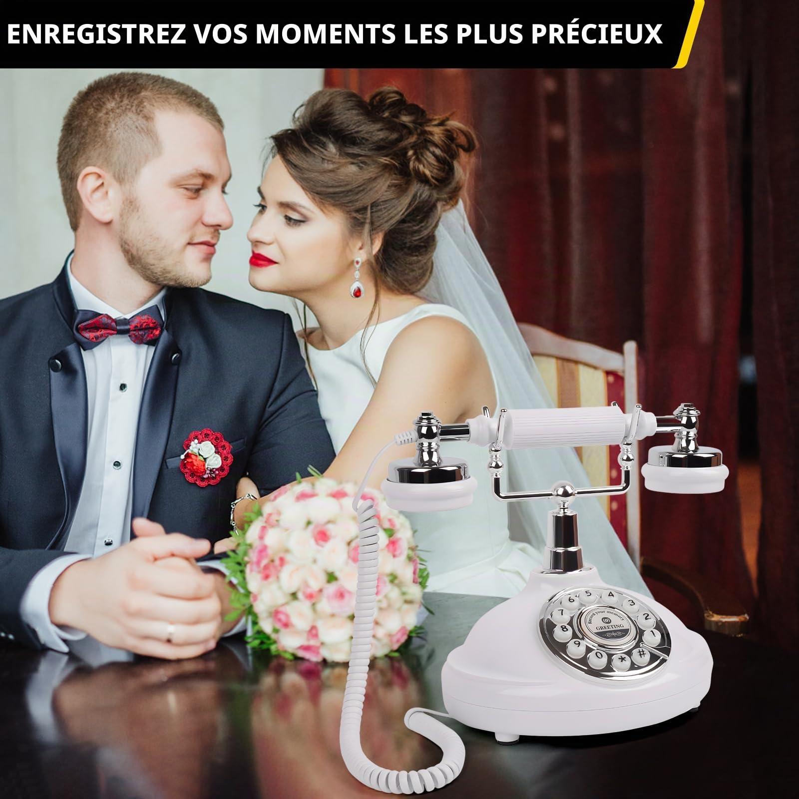 Livre d'or audio pour téléphone de mariage, enregistrez un message audio personnalisé avec le livre d'or audio pour téléphone rétro pour mariage, anniversaire, fête, confession (Téléphone Blanc)