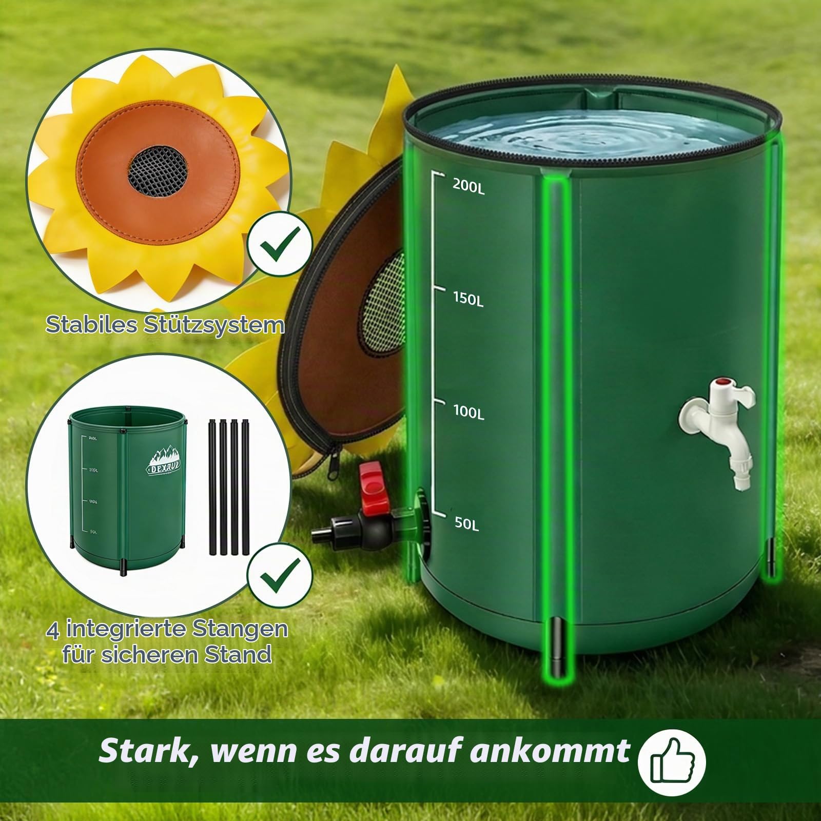 Regentonne faltbar 200 Liter, Blütenform regentonne, Regenwassertank mit Wasserhahn, Wasserfeste Regenwassertonne mit Zapfen und Überlauf-Kit, Wasserspeicher Garten für Gartenbewässerung