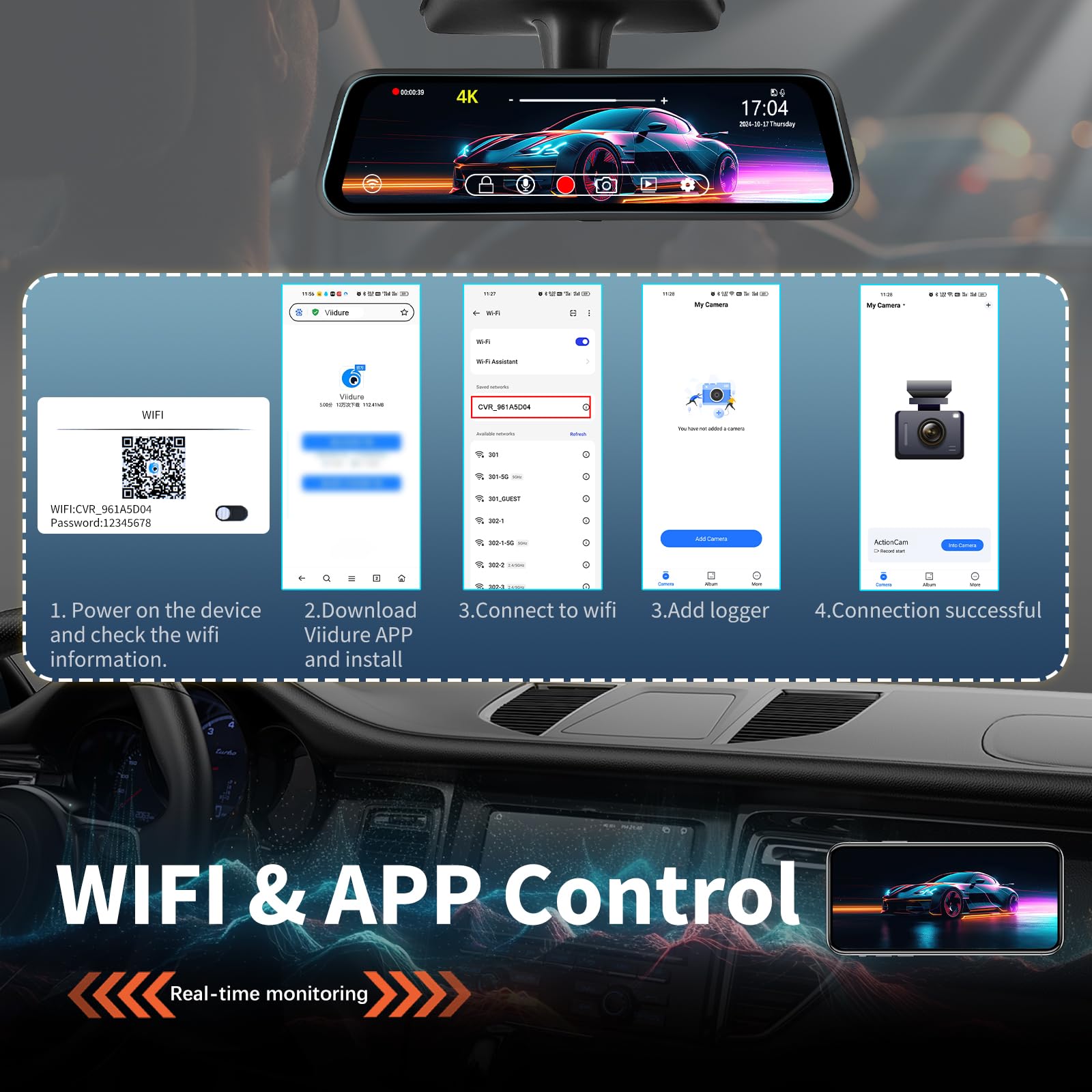 9.66‘’ 4K+1080P Dashcam Rétroviseur Wi-FI et Contrôle par Application,Carte TF 64 Go, Détection de Gravité, Surveillance du Stationnement, Assistance à la Marche Arrière, Enregistrement en Boucle