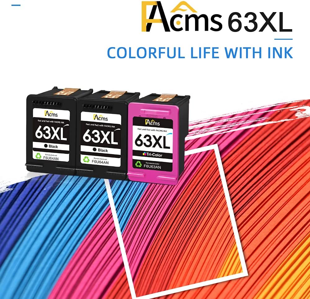 3 Pack 63XXL Ink Cartridges Balck and Color Combo Pack Replacement for HP 63XL 63 XL Ink Cartridges Work with Officejet 3830 4650 4652 4655 5200 5255 (2 Black,1 Tri-Color)