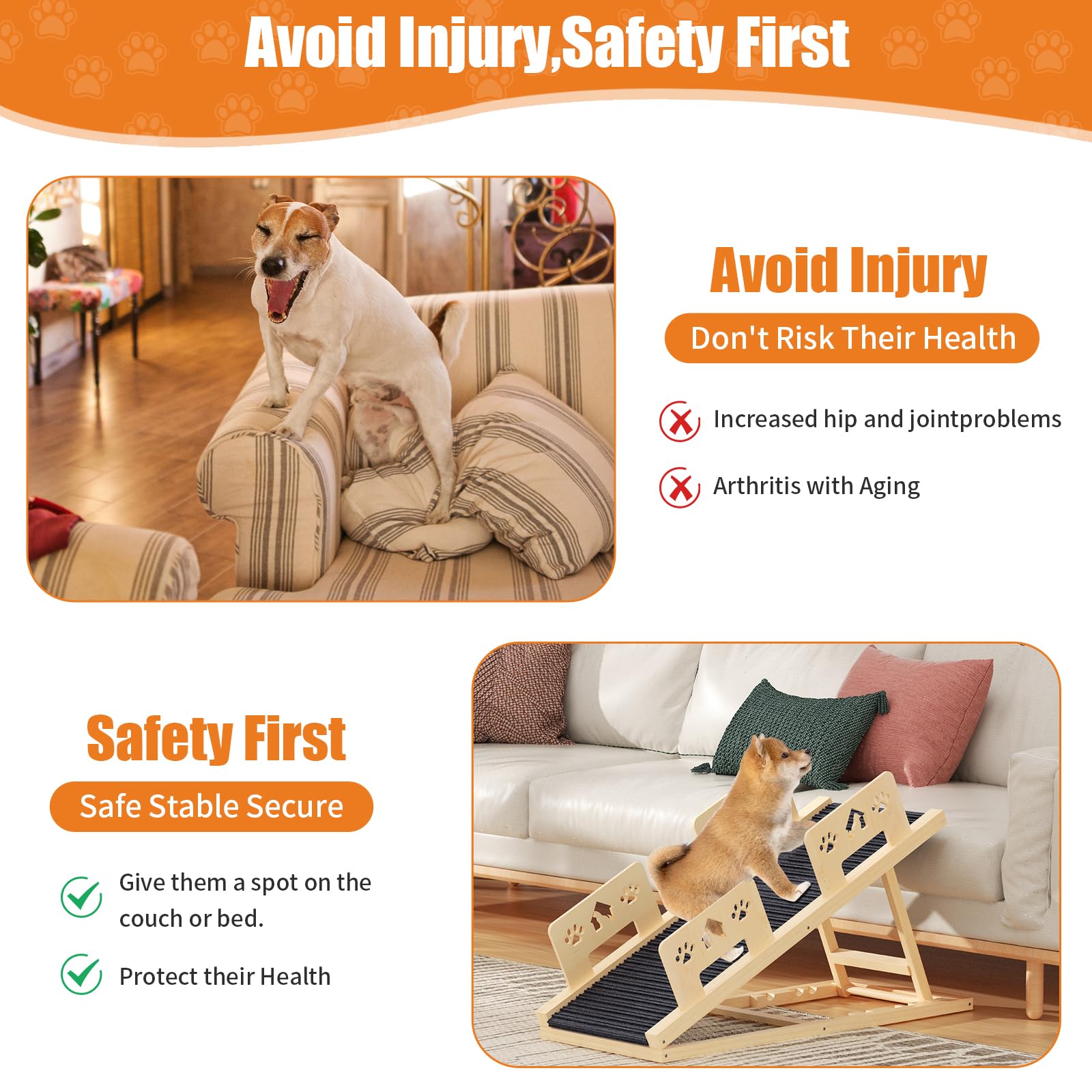 Rampa per cani con ringhiera di sicurezza, in legno, per letto, divano, auto, altezza regolabile 35-58 cm, con tappetino antiscivolo, rampa per cani fino a 60 kg