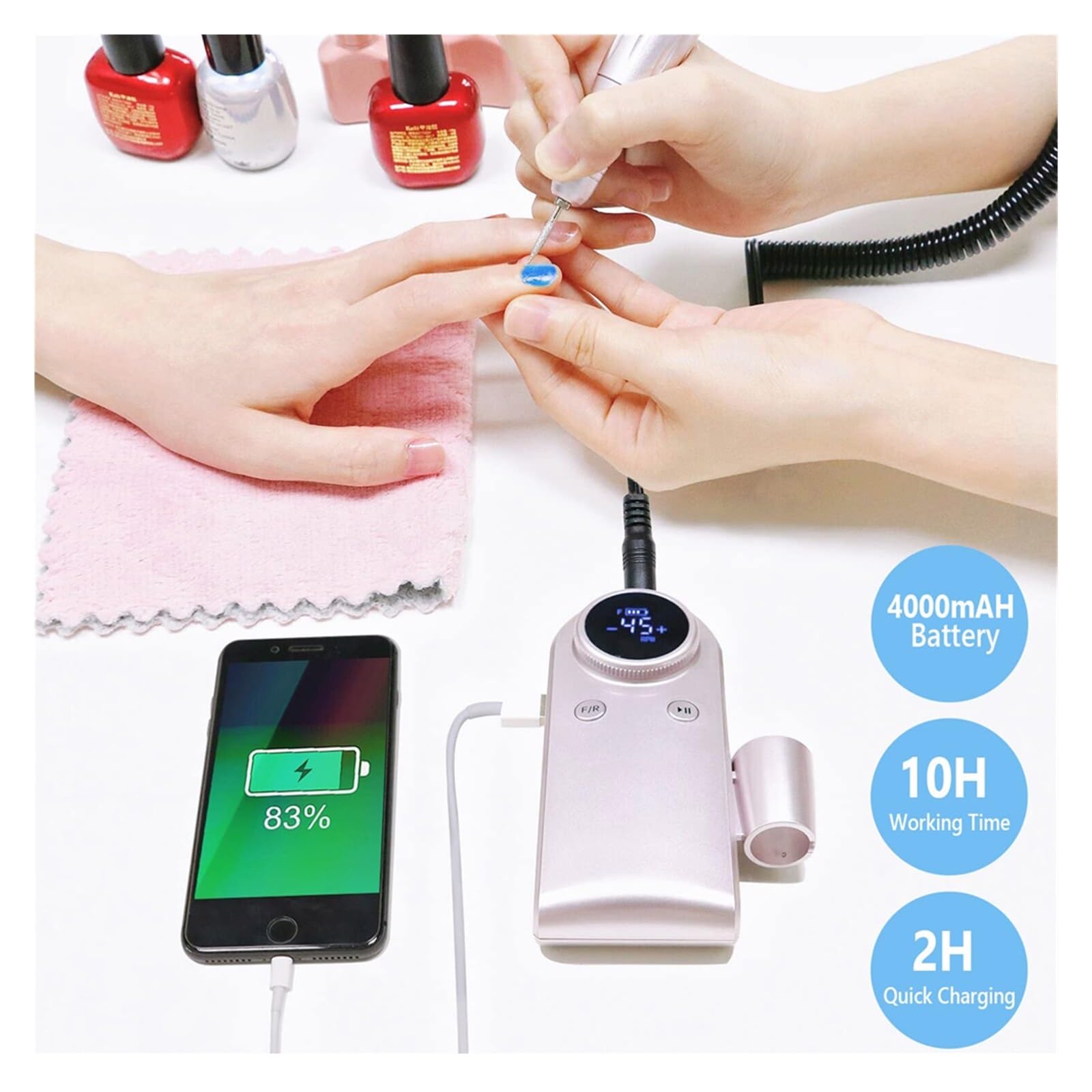 Frese elettriche for unghie, limatrice for unghie ricaricabile da 45000 giri/min con display LCD, 2 rotazioni for unghie in acrilico Manicure for unghie in gel