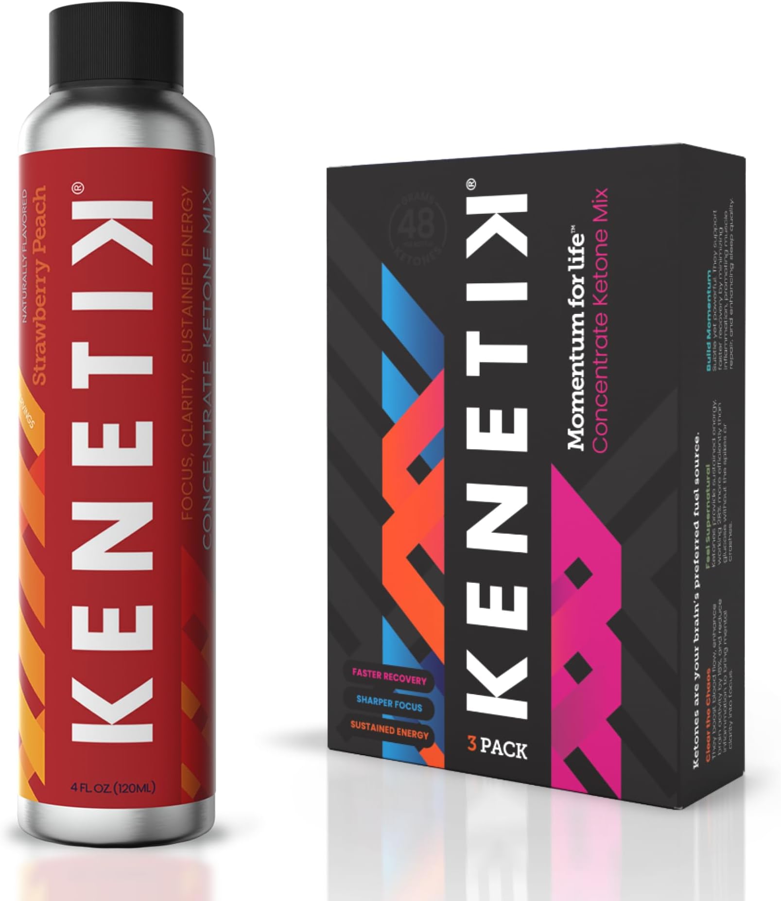 Caffeine-Free Focus Concentrate – Brain Fuel for Mental Clarity Cognitive Endurance, Sugar-Free, Bioidentical Ketones (D-BHB), 4oz (4 Servings) – 3 Pack, Strawberry Peach