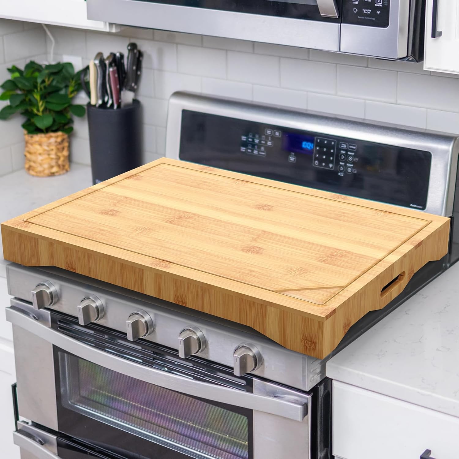 Stove Cover Board for Electric/Gas Stovetop, Bamboo Wood Cutting Board & Stove Top Covers for RV Gas Burners/Gas Stovetop, Bamboo Noodle Cutting Board with Handle Extra Kitchen Counter Space Bamboo Wood 29.6"L x 21.6"W