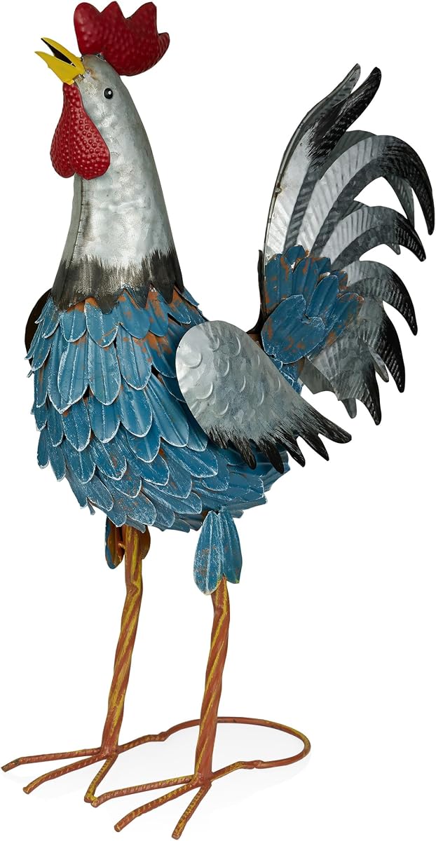 Alpine Corporation Estatua de gallo de cola plateada de metal para exteriores, 23 pulgadas de alto, con diseño vibrante, decoración de jardín, plateado/azul