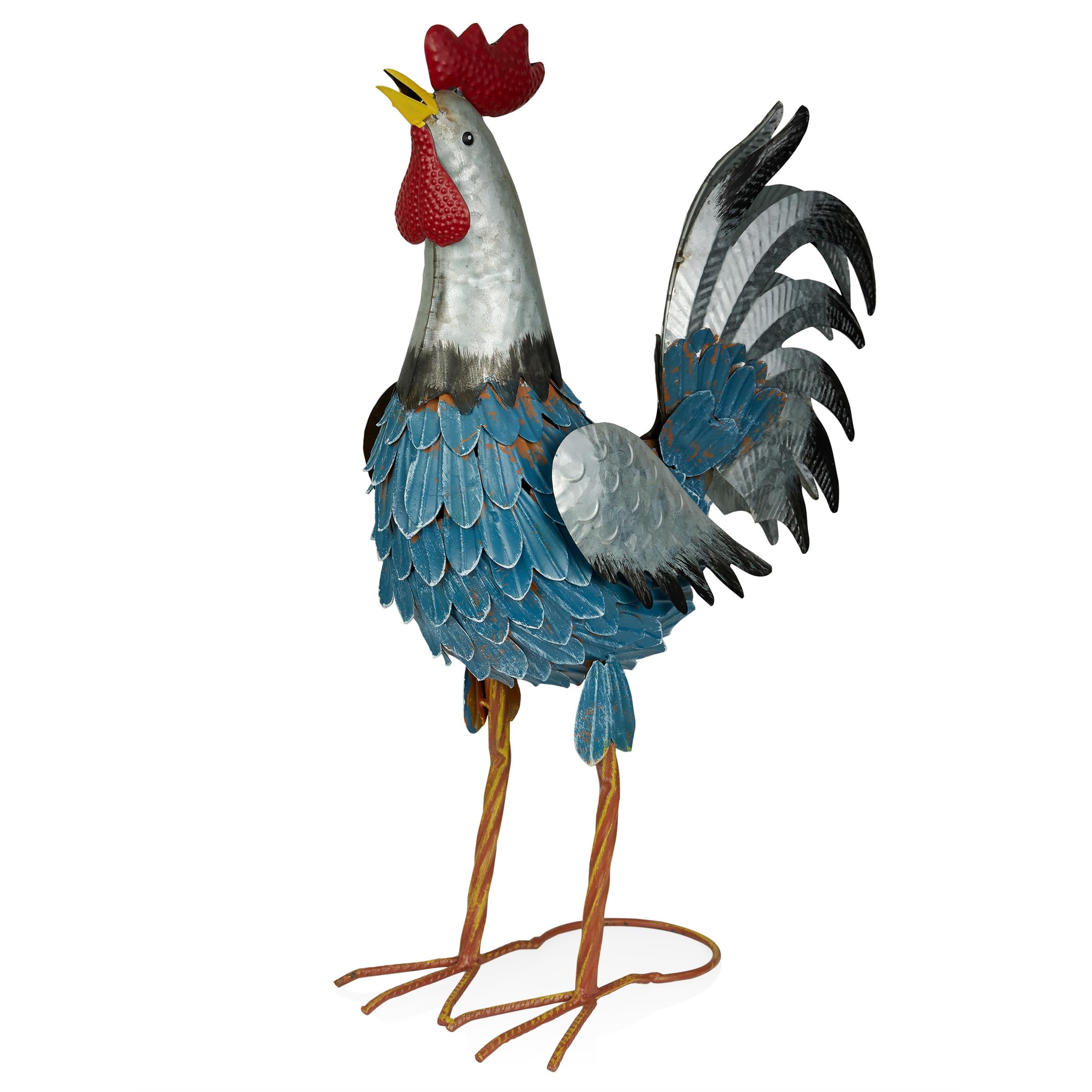 Alpine Corporation JUM390 Silver Tailed Rooster Statue, Playful Outdoor Decor for Patio, Lawn & Garden, 23" H, Blue