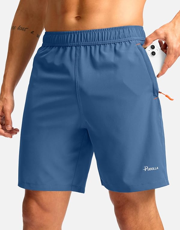 Pudolla Men's Athletic Hiking Shorts with 3 Zipper Pockets(Blue L) by Pudolla - Used condition - Image 2