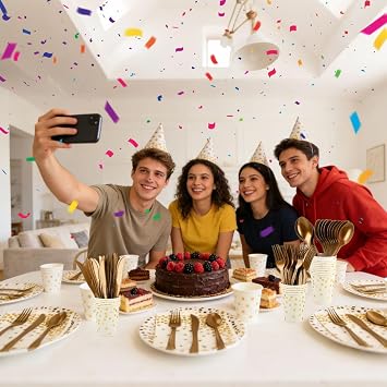 Party Tableware Paper Plates and Napkins Set, 141PCS Party Paper Plates Cups Napkins and Cutlery Party Dinnerware Set for Birthday Decorations New Year Wedding Christmas Picnic (20 Guests, White&Gold)