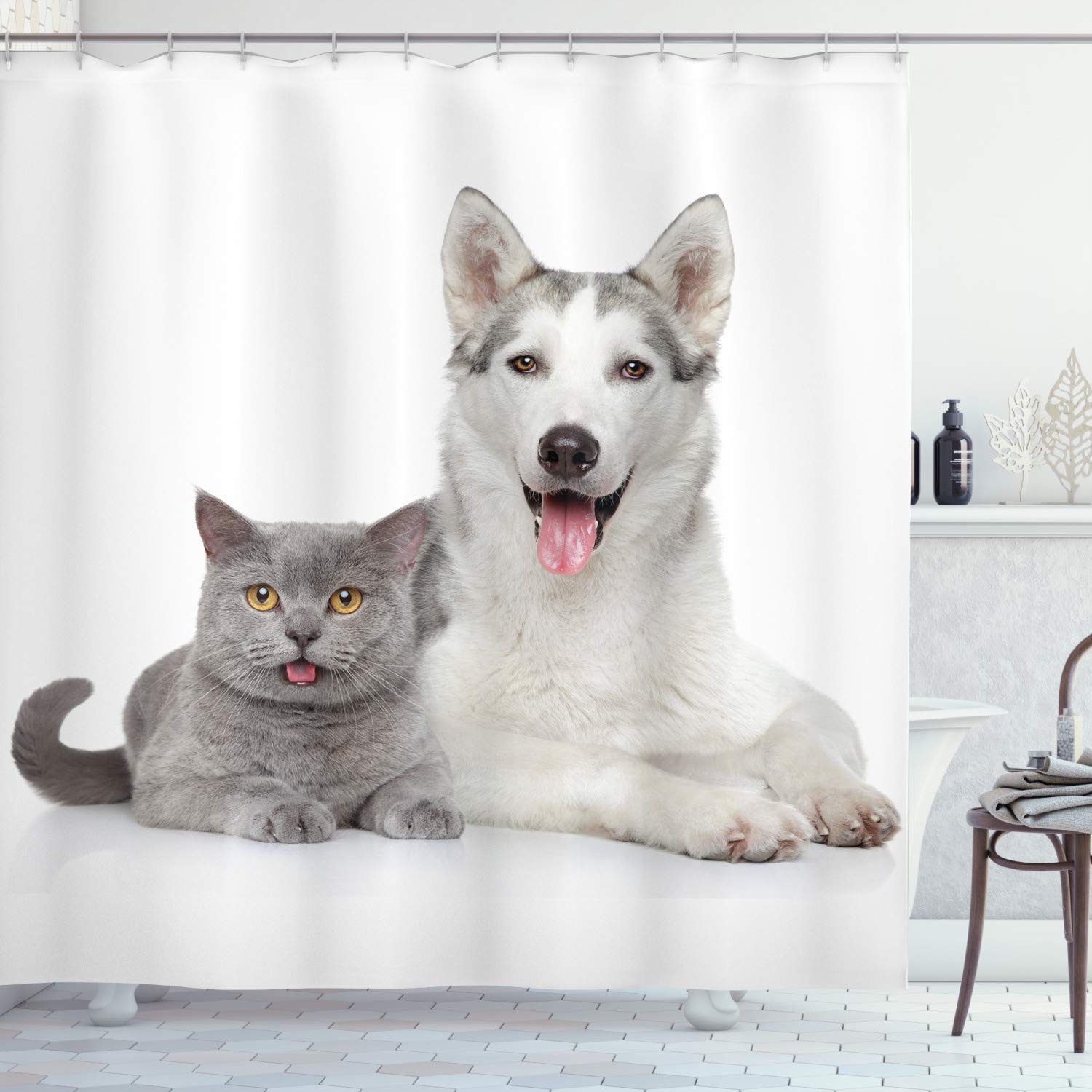 ABAKUHAUS Cat Shower Curtain, Animal Theme a Dog and a Cat Lying Together on the White Background Digital Image, Cloth Fabric Bathroom Decor Set with Hooks, 70 Inches, White and Grey โ image 1