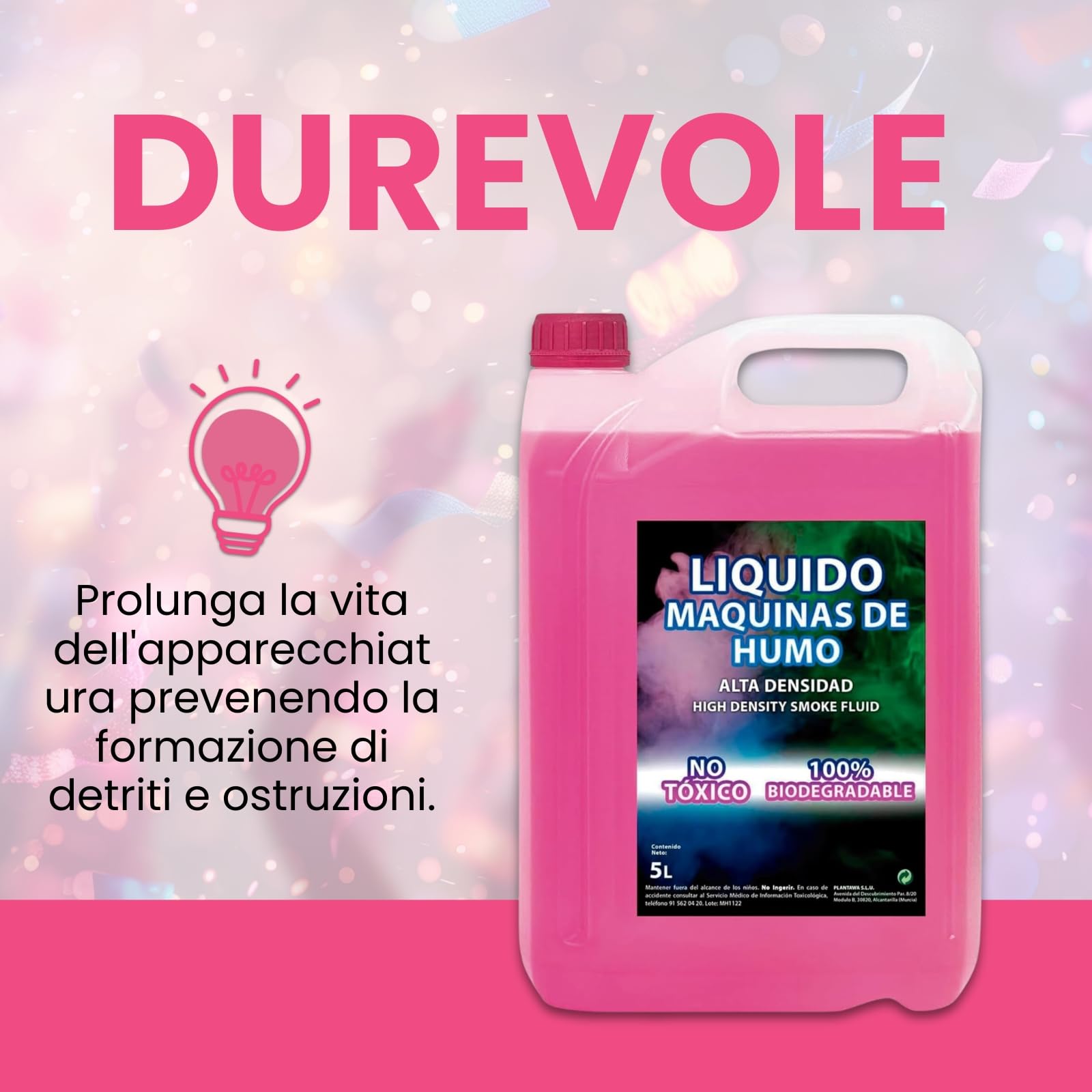 Plantawa Liquido per Macchina del Fumo ad Alta Densità 5 Litri | Liquido per Macchina del Fumo per Halloween e Feste | 100% Naturale, Biodegradabile, Non Irritante, Senza Sostanze Chimiche Pericolose