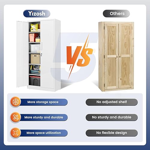 Miniatura 7 de Yizosh Armario de almacenamiento de metal para garaje con 2 puertas y 5 estantes ajustables, gabinete de archivo de acero con cerradura de 71