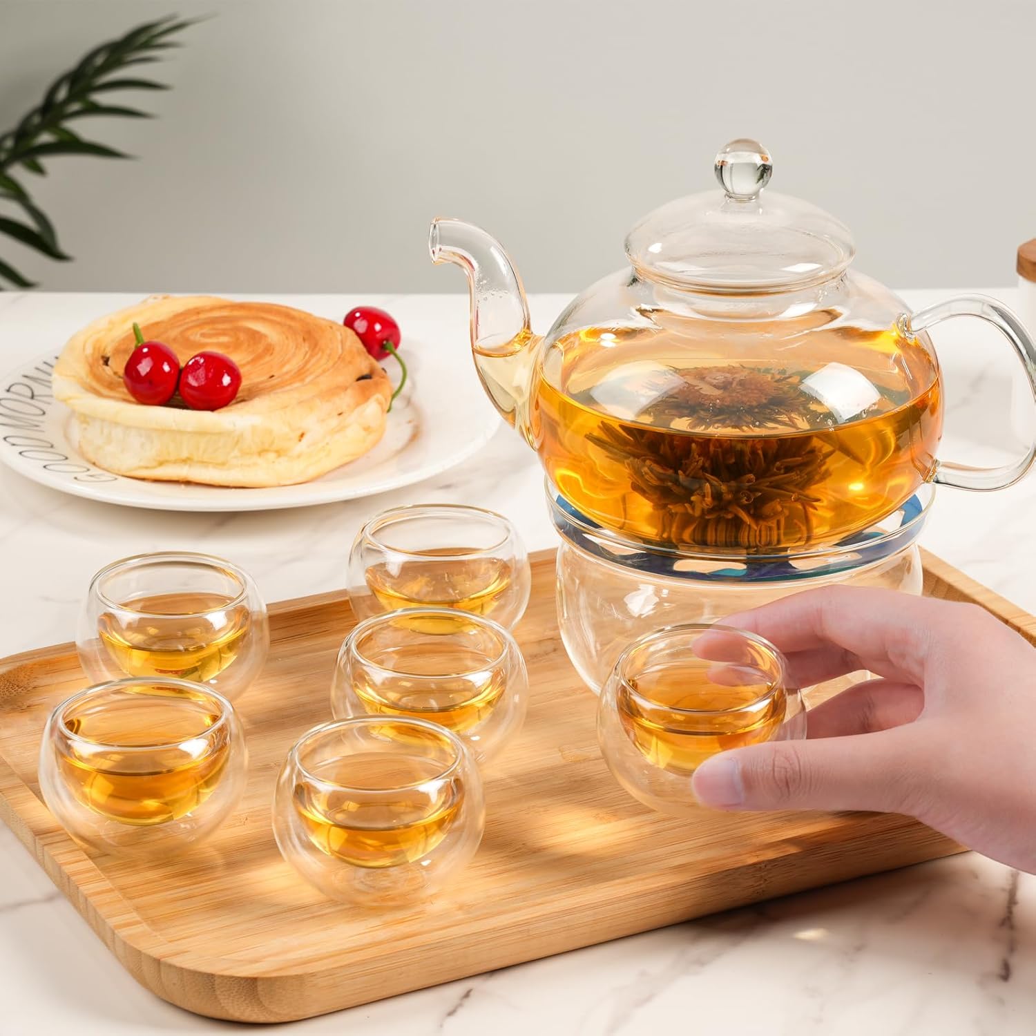 Glass Teapot Set, 27OZ/800ML Stovetop Safe Glass Tea Kettle with 6 Small Double Wall Tea Cups & Loose Tea Infuser & Tea Warmer, Microwave & Dishwasher Safe Tea Maker, Blooming Tea Gift Set - Image 3