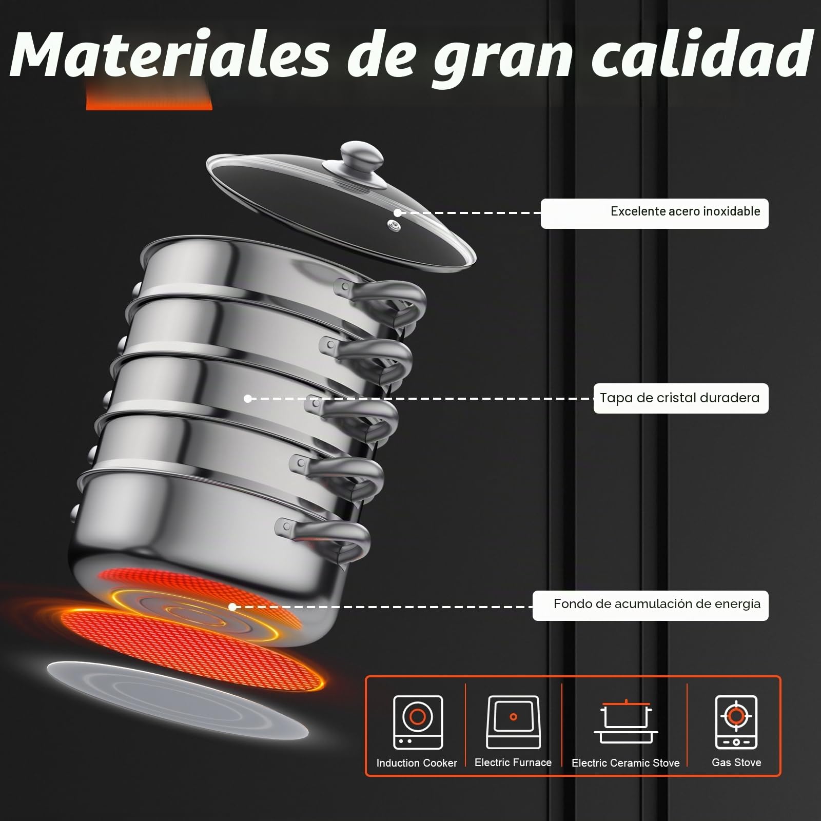 MBUYI Mantowarka - Vaporera de 5 capas de acero inoxidable pulido con tapa transparente, olla de 30 cm para cocinar al vapor al mismo tiempo sopa, pasta, pescado