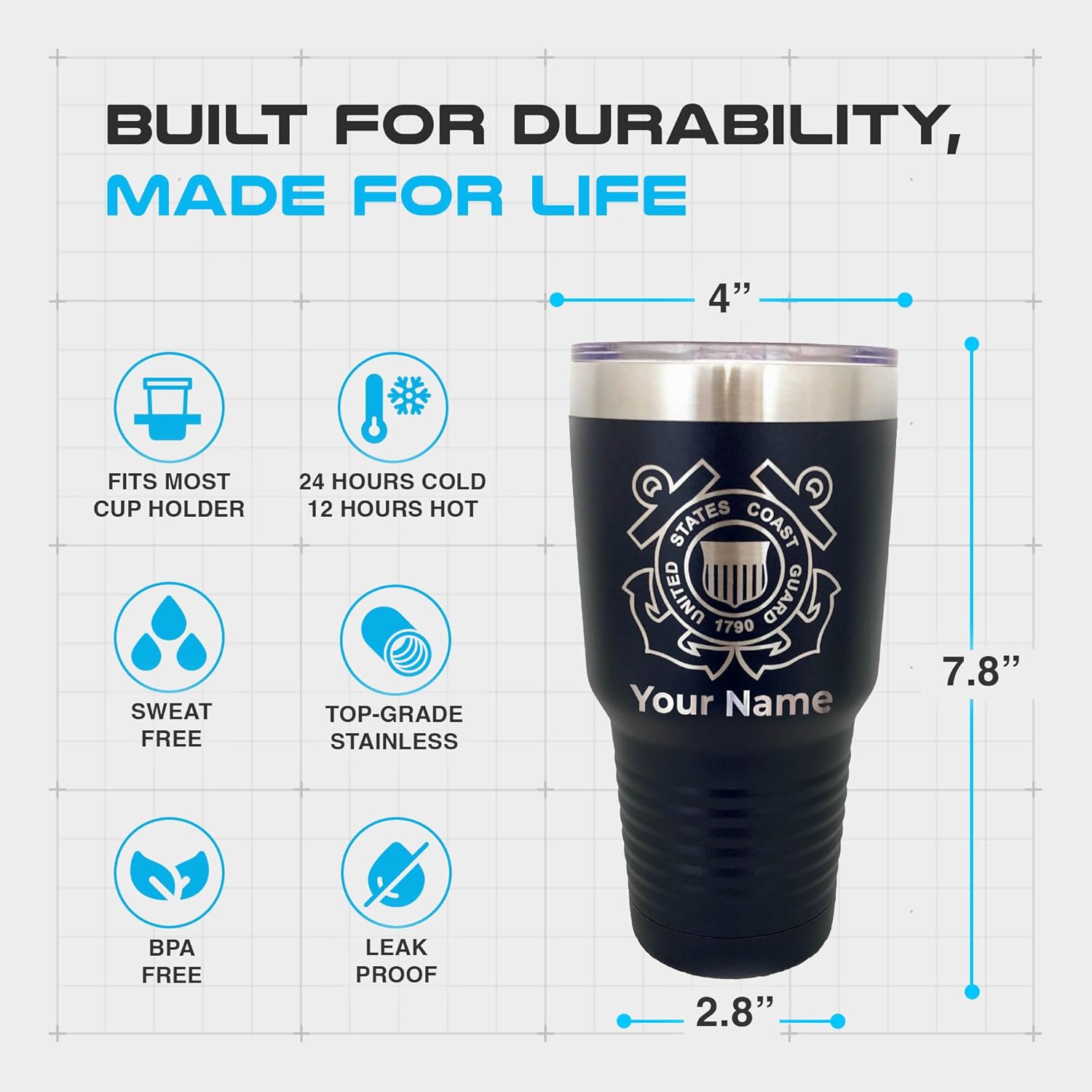Custom United States Coast Guard Travel Cup-Mug for Men & Women, Polar Camel Navy Blue 30 oz. Vacuum Insulated Stainless Steel Tumbler with Clear Lid, Stainless Steel Straw, and Straw Cleaner
