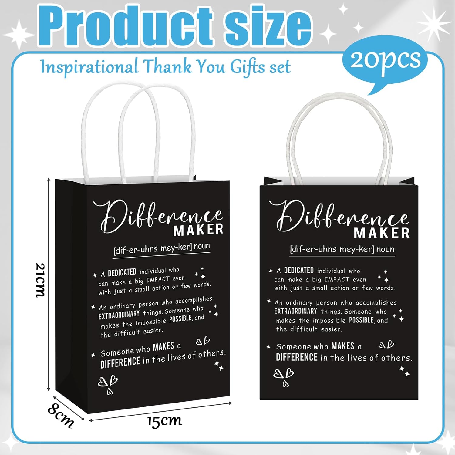 Gueevin 20 Pcs Difference Maker Thank You Gift Bag Bulk Team Employee Appreciation Bag with Handle You Make a Difference Gift Paraprofessional Appreciation Gifts for Boss Teacher Volunteer(Black) - Image 2