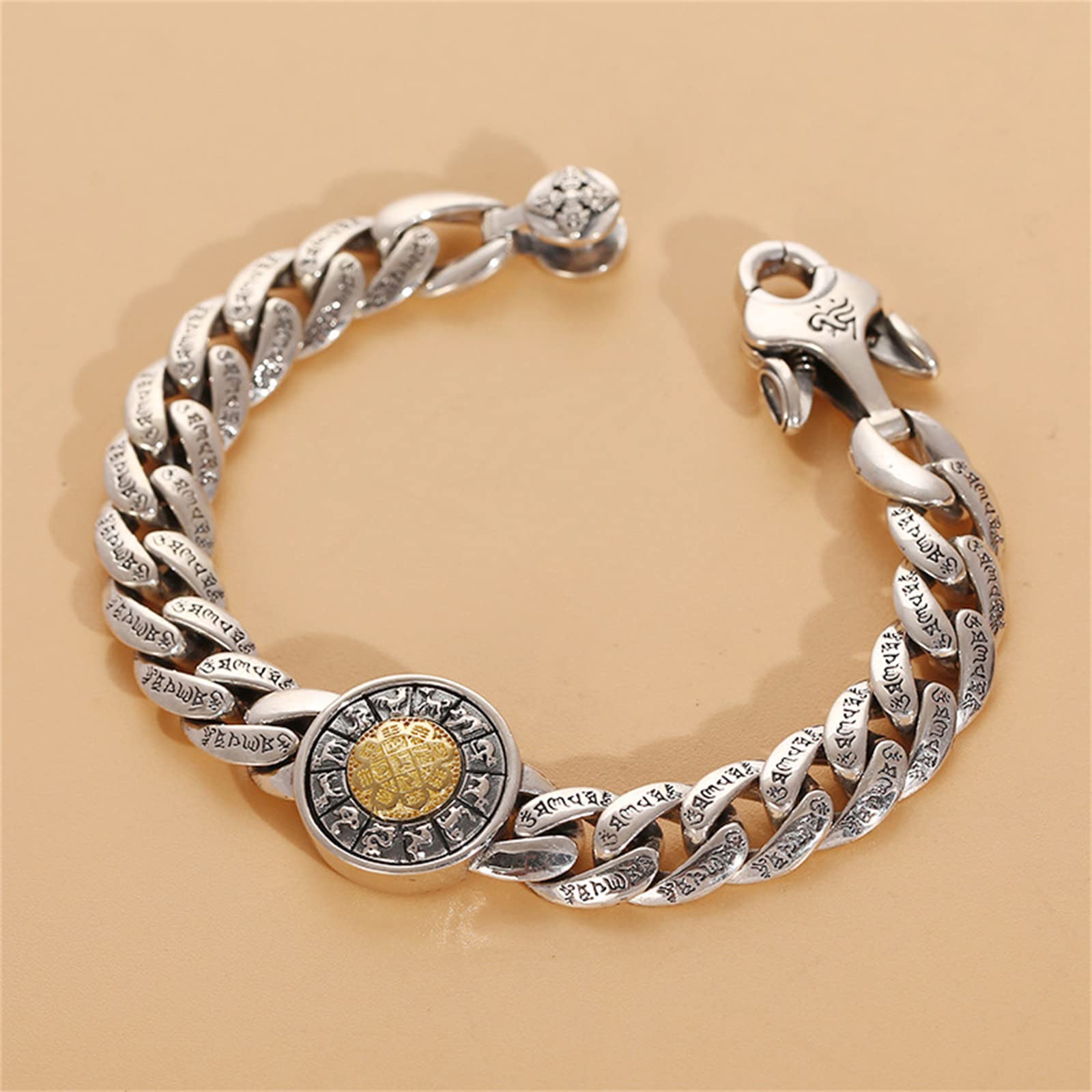 Brazalete del Zodíaco para Hombre Plata Ley S925, Brazalete Gótico Vintage Jiugong Bagua, Plata, 20 cm