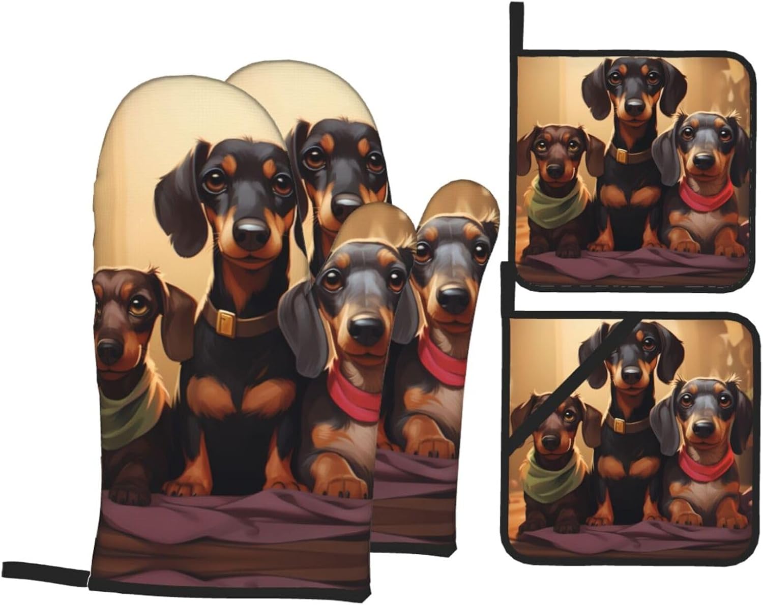 Multiple Dachshunds Prints Kitchen Covers: Waterproof Oven Layers for Safe Cooking & Easy Cleanup - 4 Piece Heat Protection Set