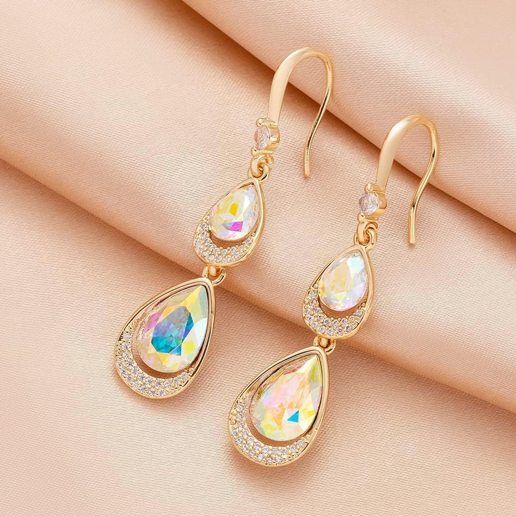 Austrian Crystal Halo Double Teardrop Hollow Drop Dangle Earrings for Women 14K Rose Gold Plated Hypoallergenic Jewelry - Image 8