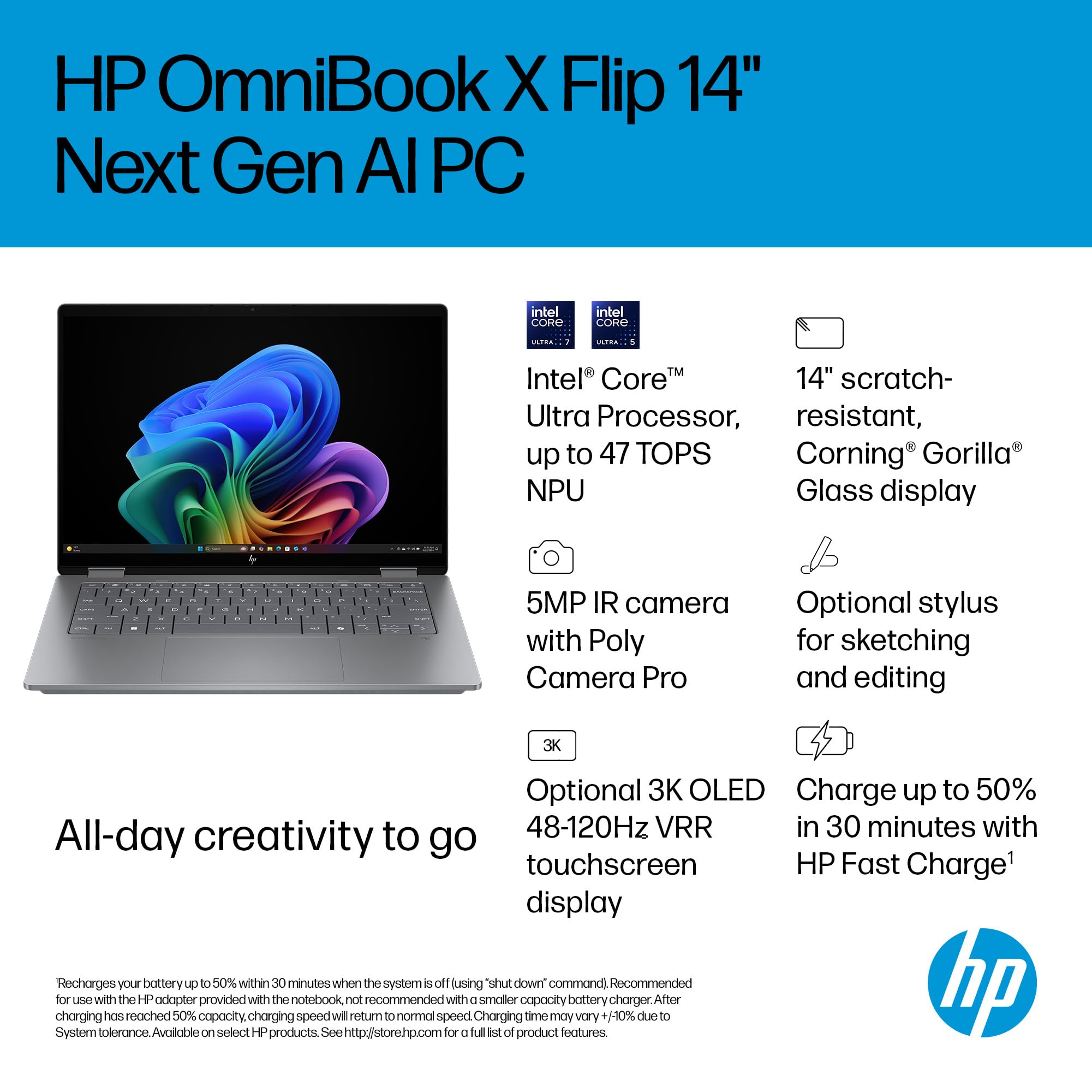 HP OmniBook X Flip NGAI 14" Laptop | CoPilot+ PC | Intel® Core™ Ultra 5-226V Processor | 16GB RAM | 512GB SSD | Intel® Arc™ 130V | 2K IPS Touchscreen | Up to 22.75Hr Battery | Windows 11 | 14-fm0005sa — view 4