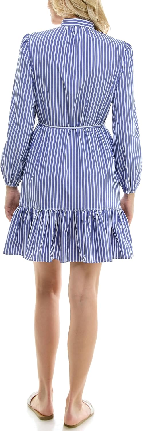 Nicole Miller New York Women's Long Sleeved Collarless Shirtdress with Self Tie